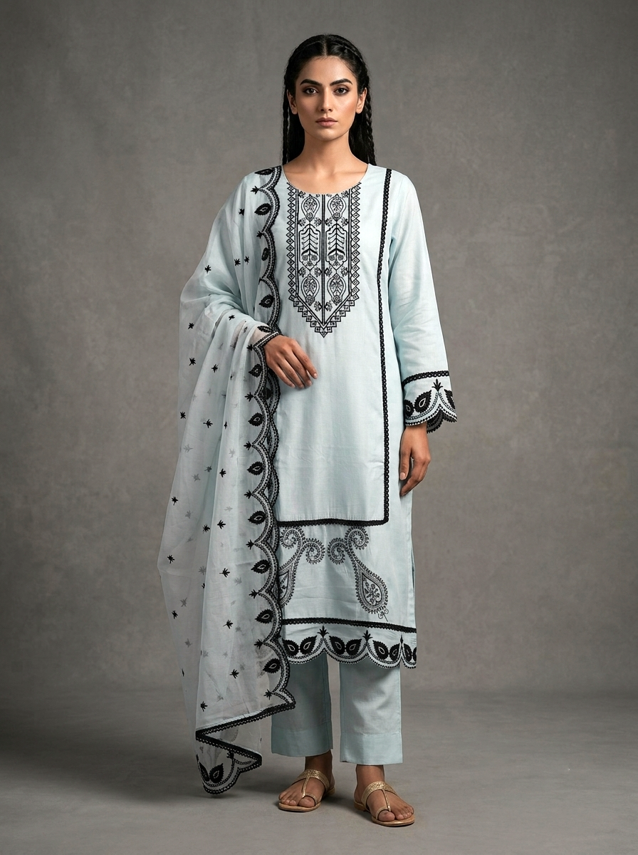Embroidered Cotton Suit Set with Cutwork Dupatta – Ice Blue