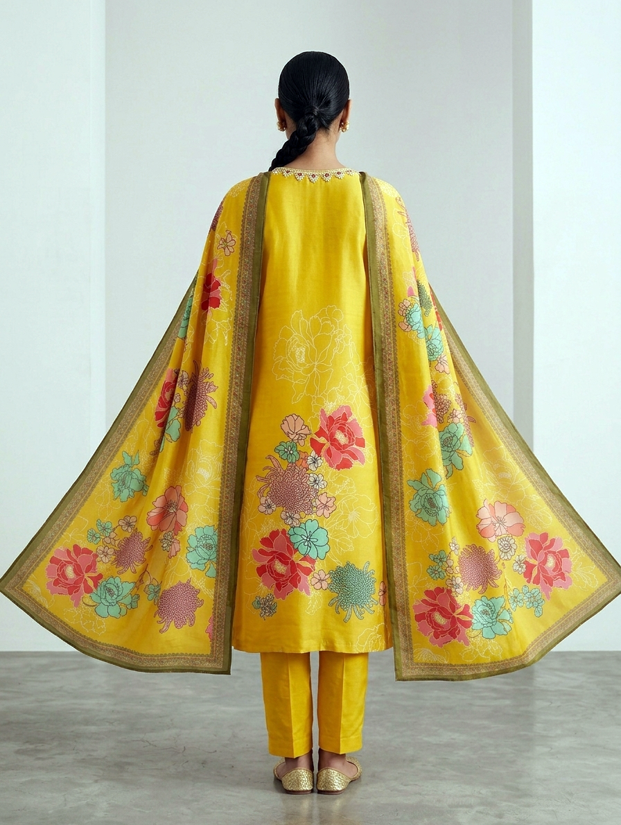 Floral Hand-Painted Silk Suit Set – Vibrant Sunshine Yellow
