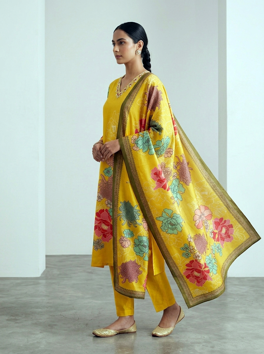 Floral Hand-Painted Silk Suit Set – Vibrant Sunshine Yellow