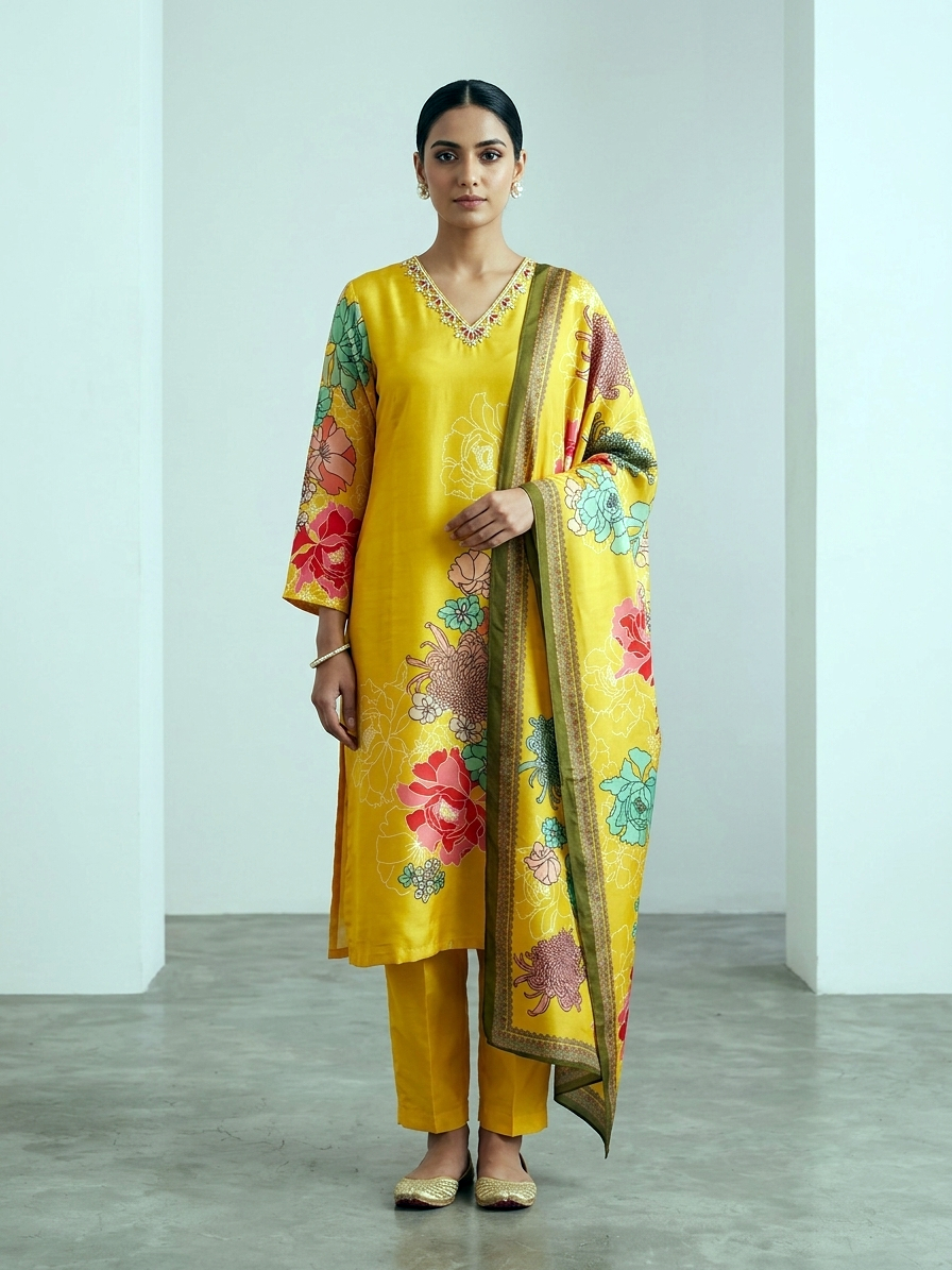 Floral Hand-Painted Silk Suit Set – Vibrant Sunshine Yellow