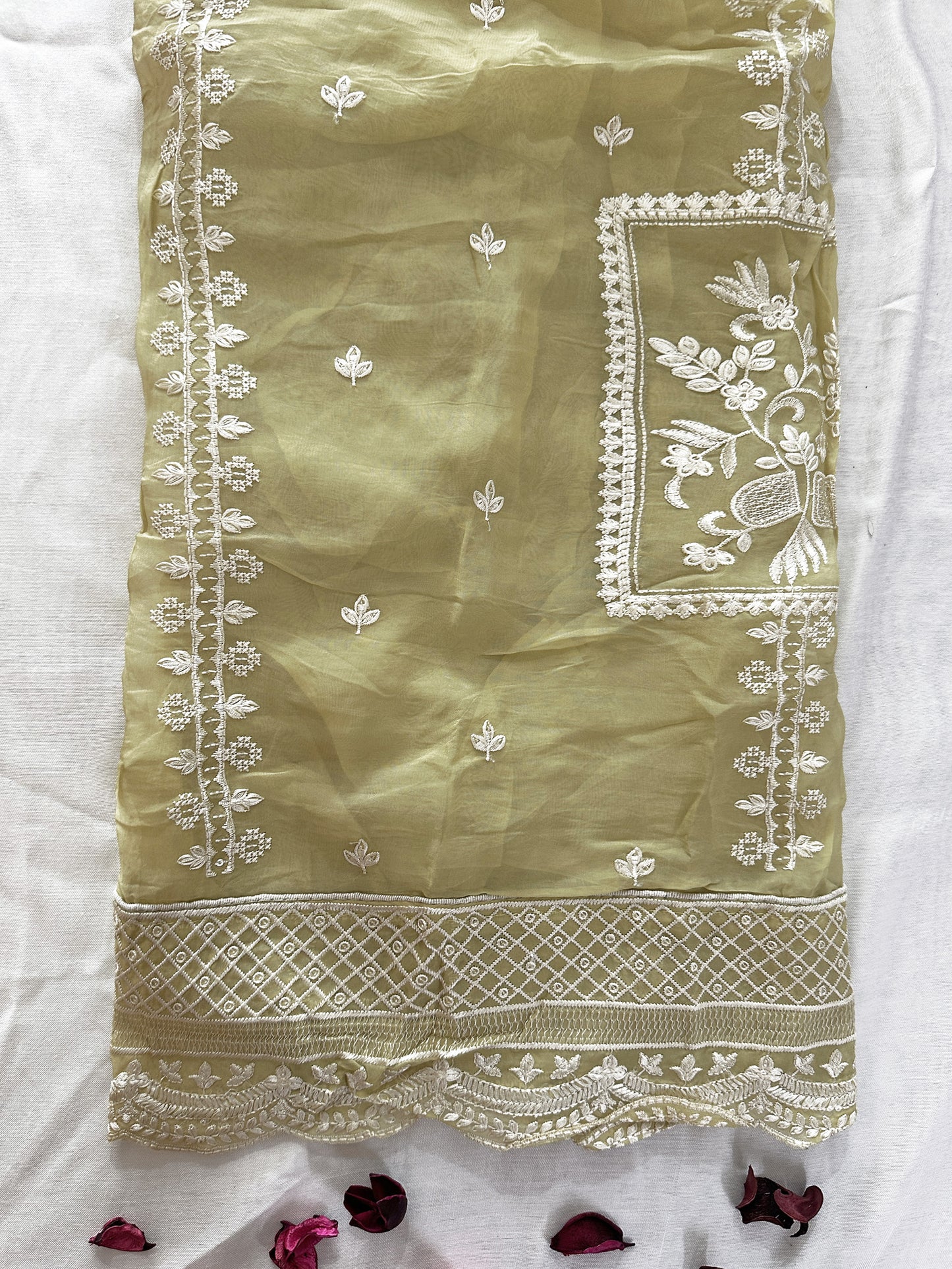 Organza Fabric Unstitched Suit Set Green Color