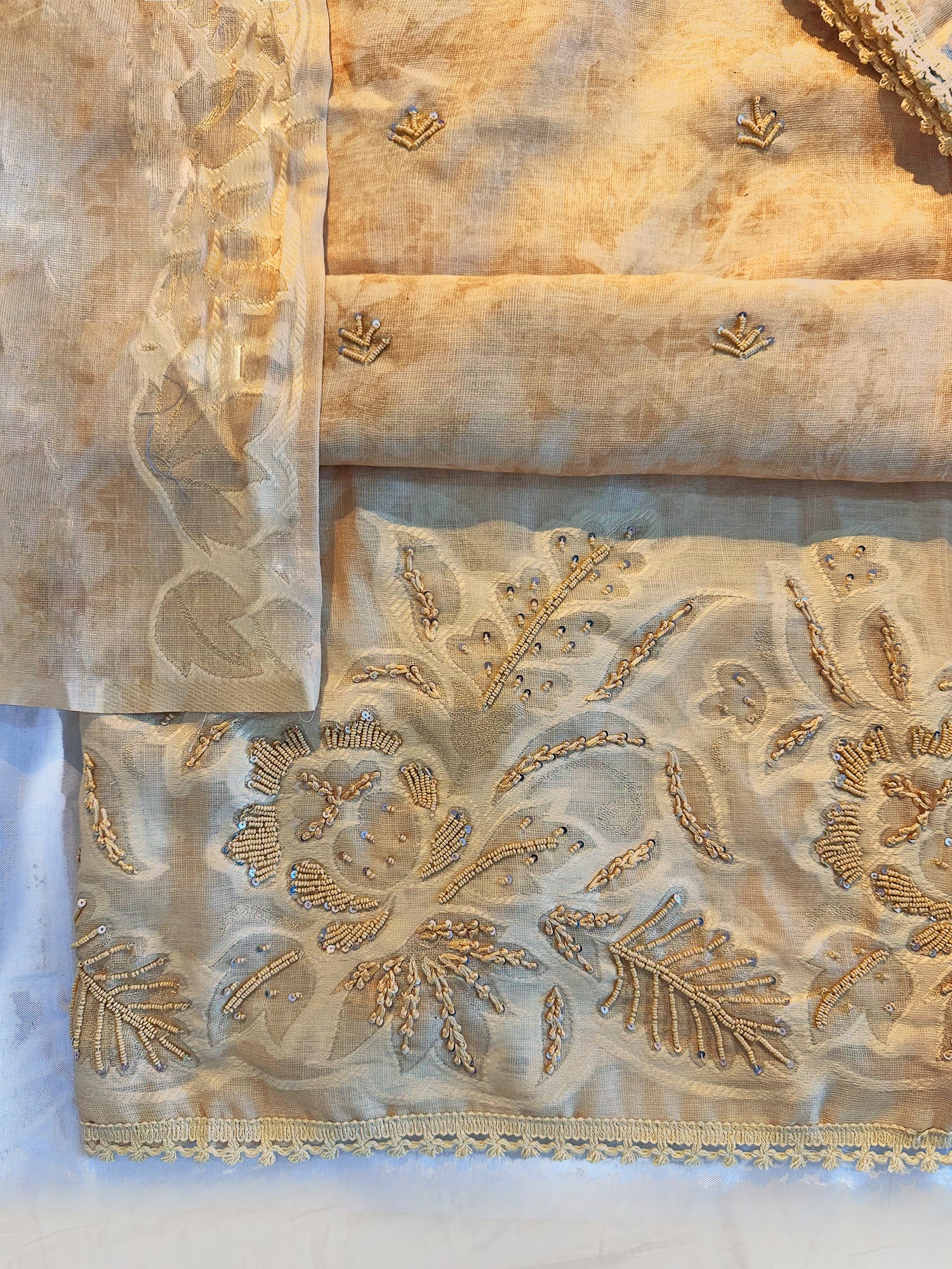 Linen Cotton Unstitched Suit Set Peach and Beige Colors