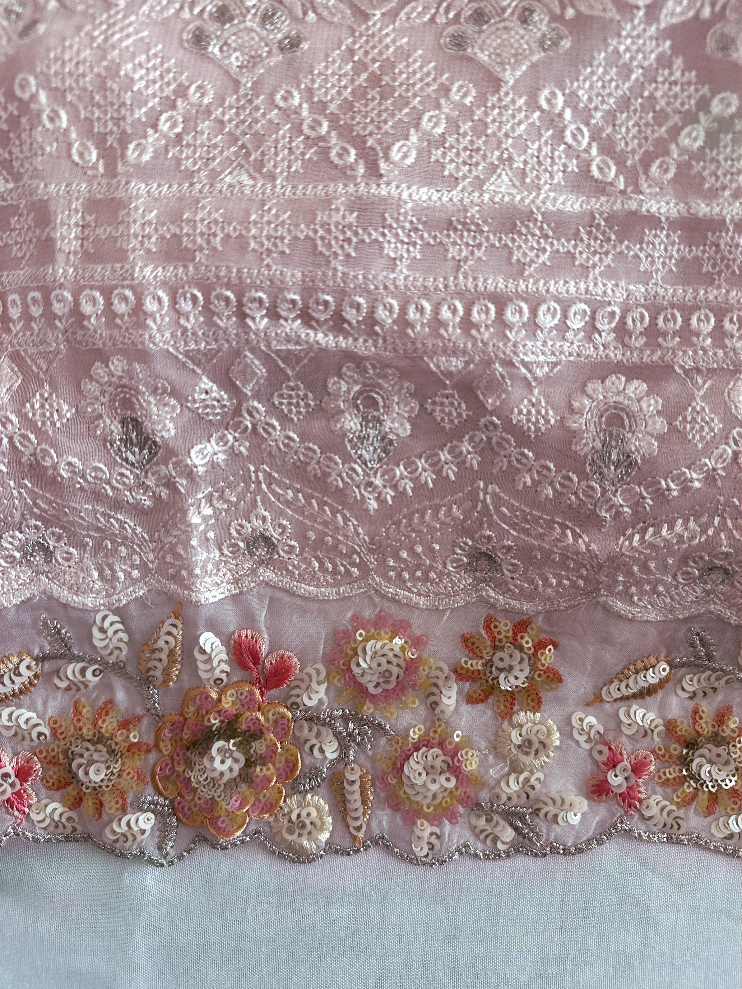 Georgette Fabric Unstitched Suit Set Peach and Lemon Colors