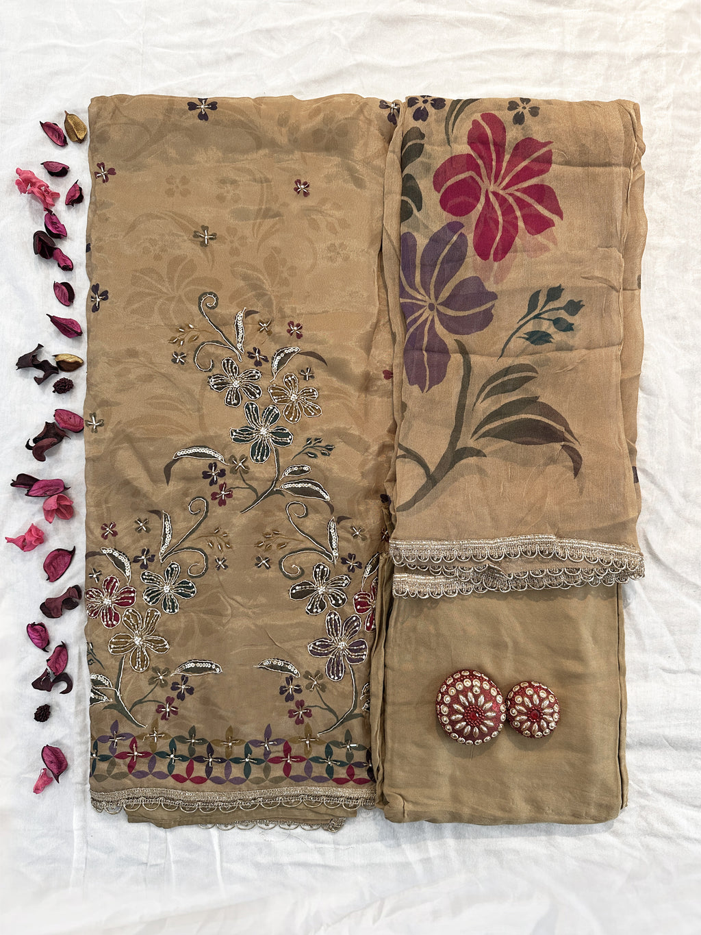 Organza Fabric Beige and Pink Colors Unstitched Suit Set