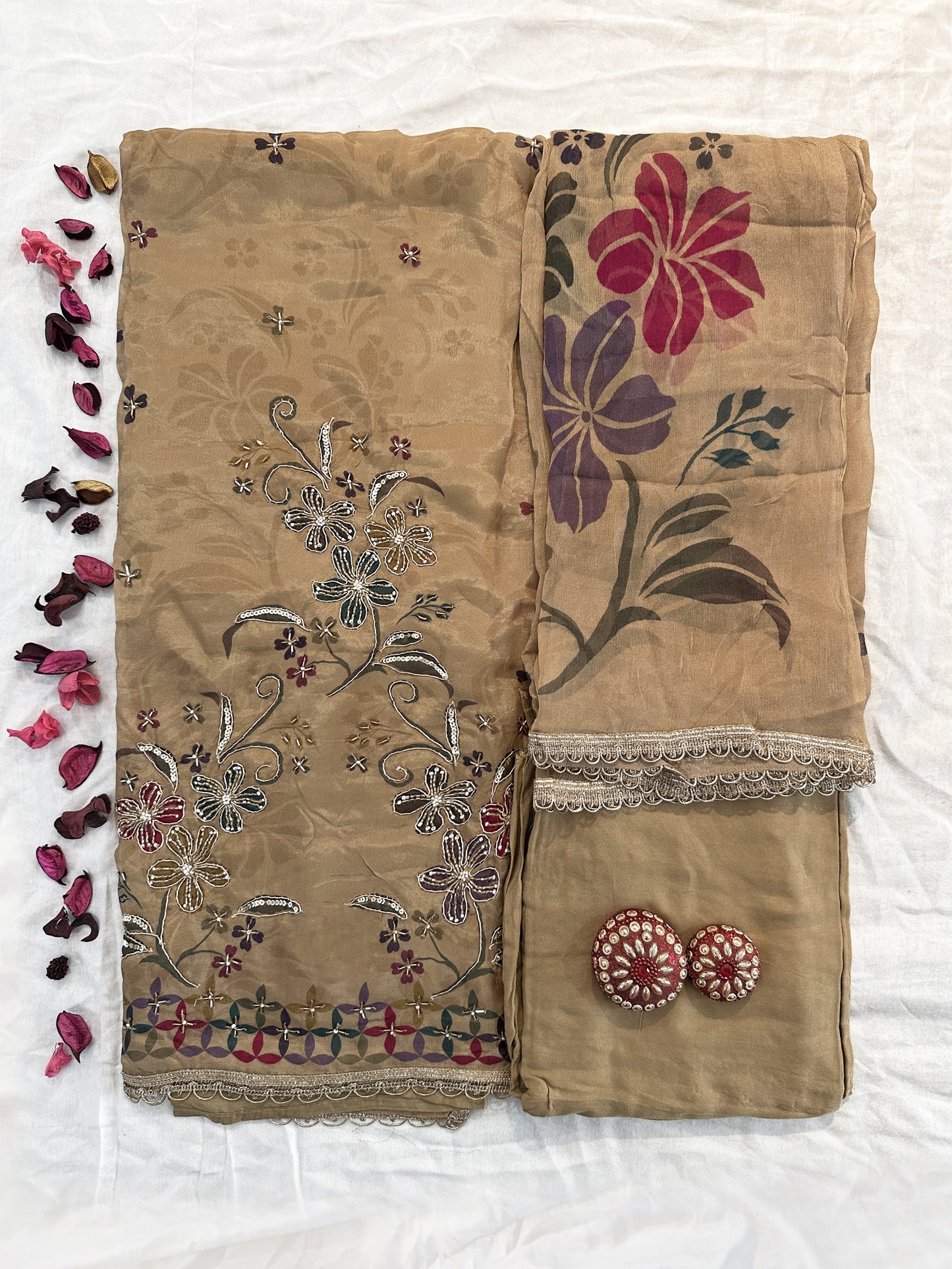 Organza Fabric Unstitched Suit Set | Beige & Pink