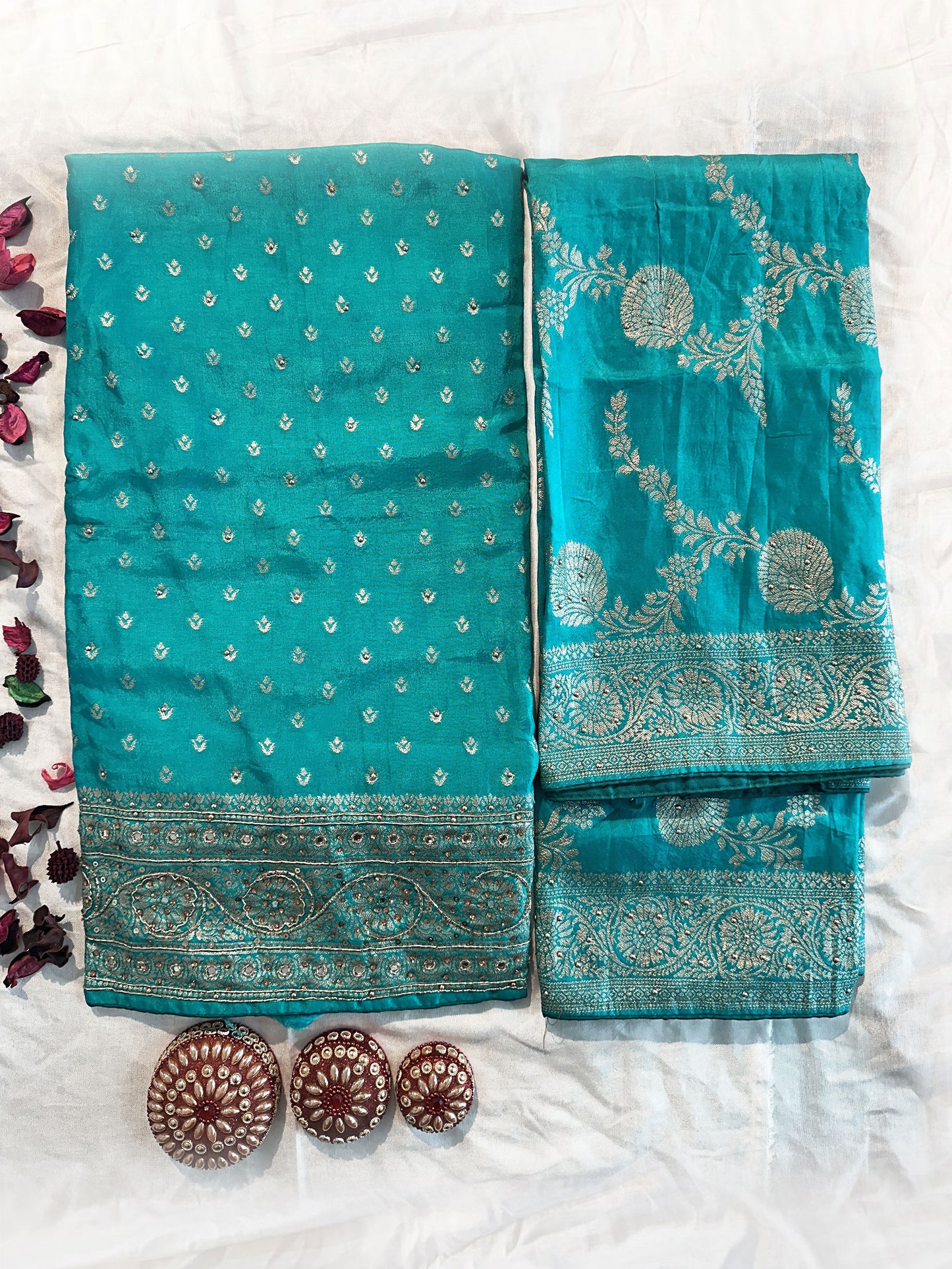 Ganga Silk Fabric Unstitched Suit Set | Frozi & Royal Blue