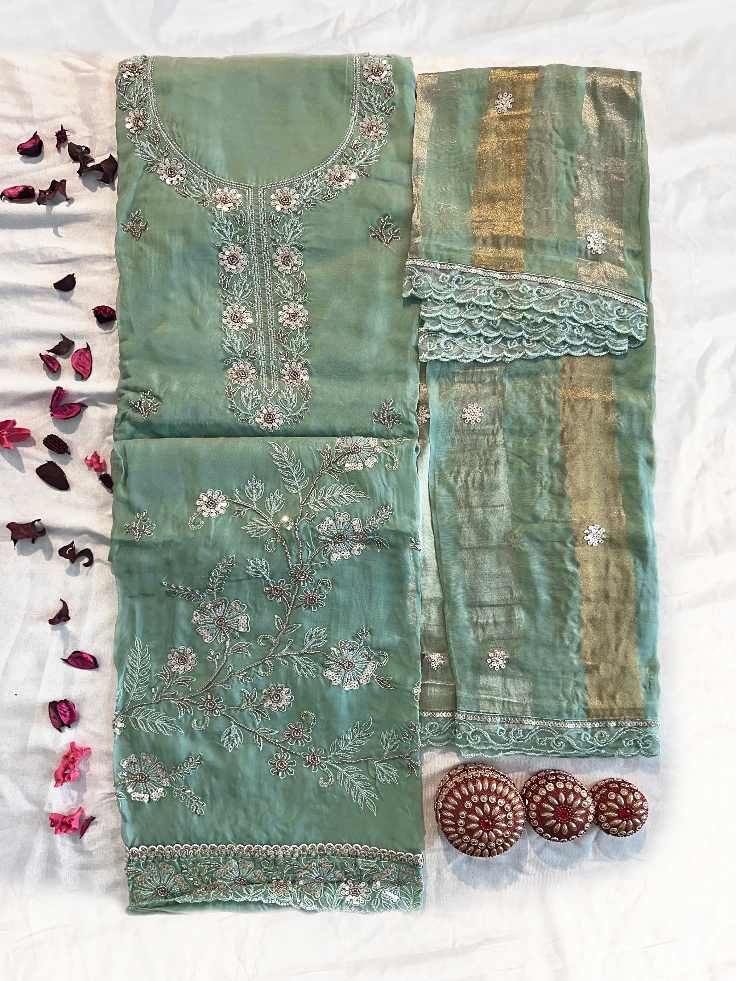 Viscose Organza 2 Green Colors Unstitched Suit Set