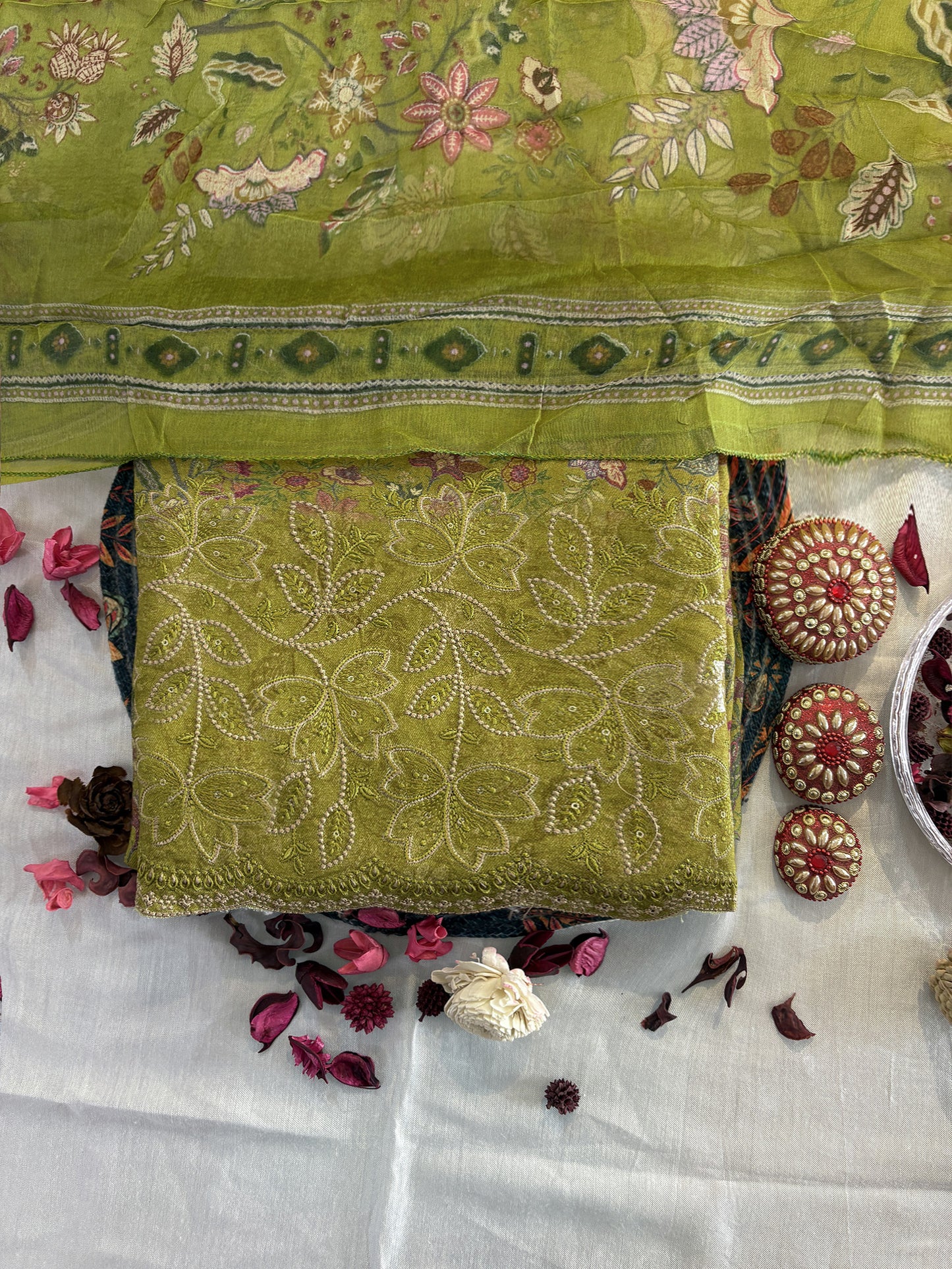Pashmina Printed Fabric Unstitched Suit Set Peach and Lime Green