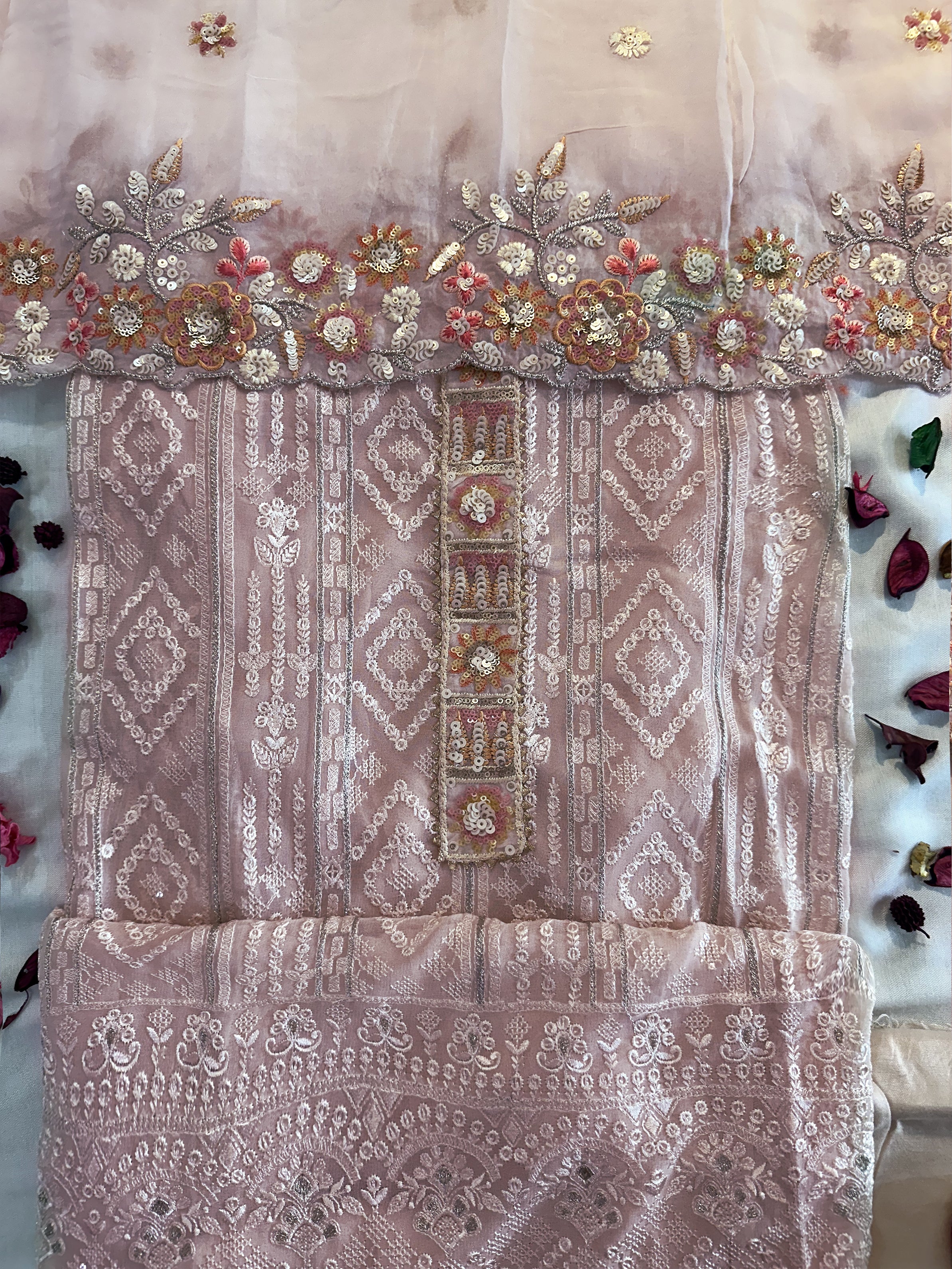 Georgette Fabric Unstitched Suit Set Peach and Lemon Colors