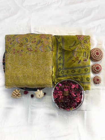 Pashmina Printed Fabric Unstitched Suit Set Peach and Lime Green