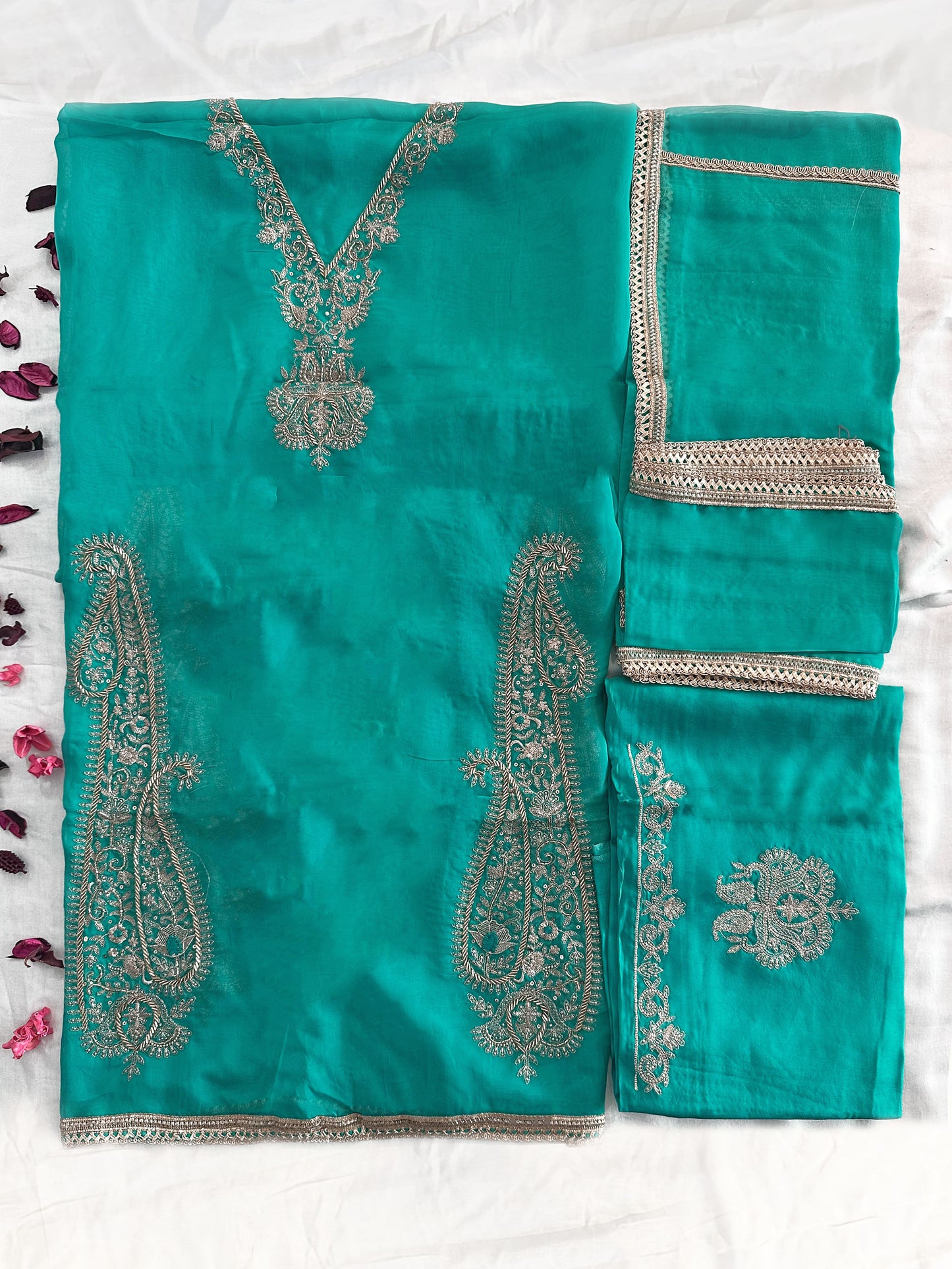 Viscose Organza Unstitched Suit Set Orange and Turquoise Colors