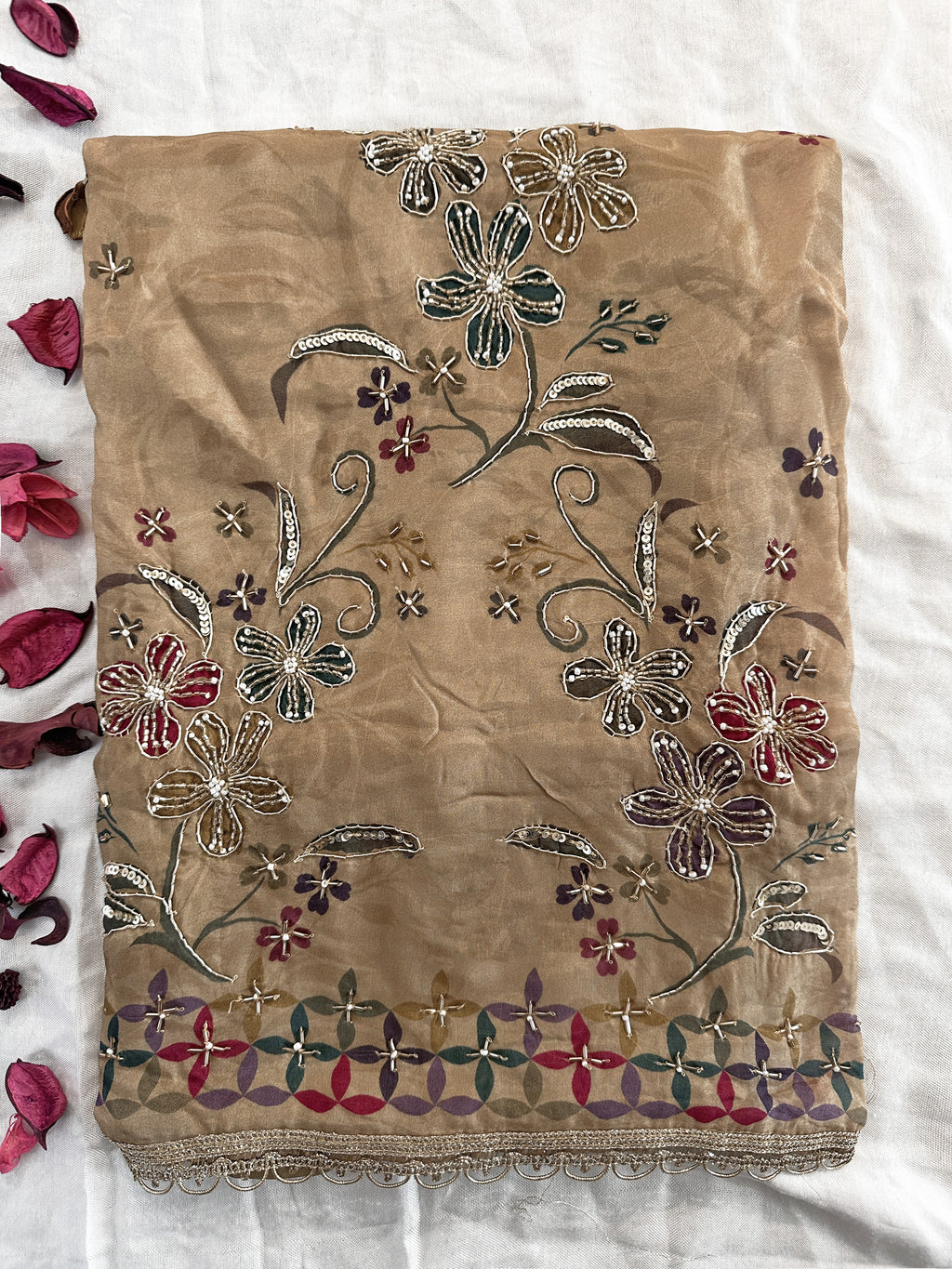 Organza Fabric Beige and Pink Colors Unstitched Suit Set