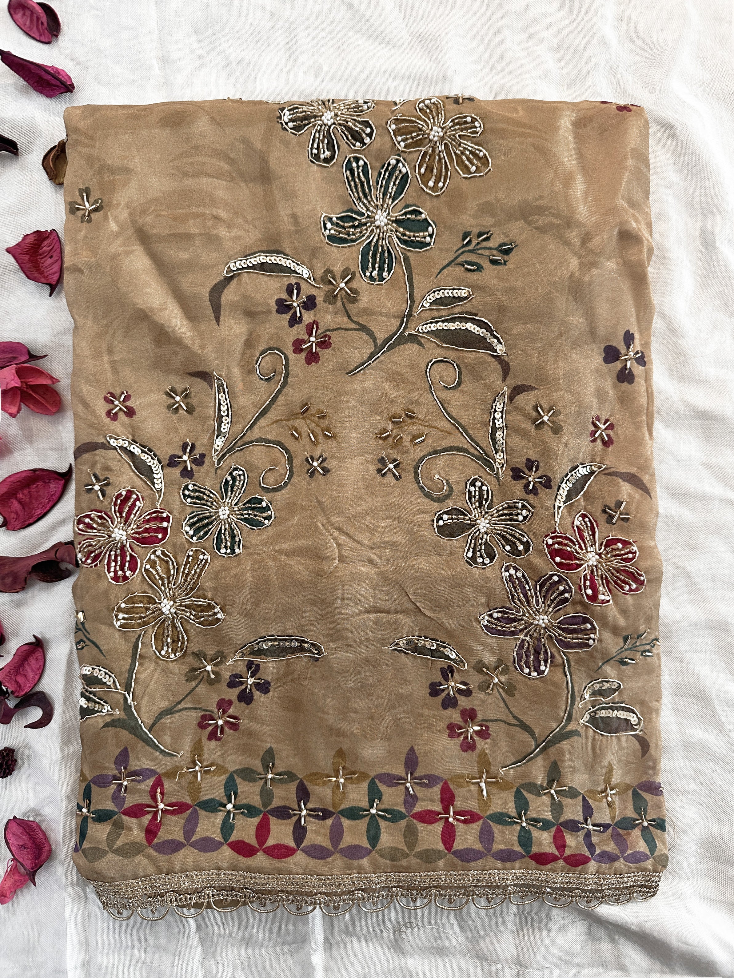 Organza Fabric Beige and Pink Colors Unstitched Suit Set