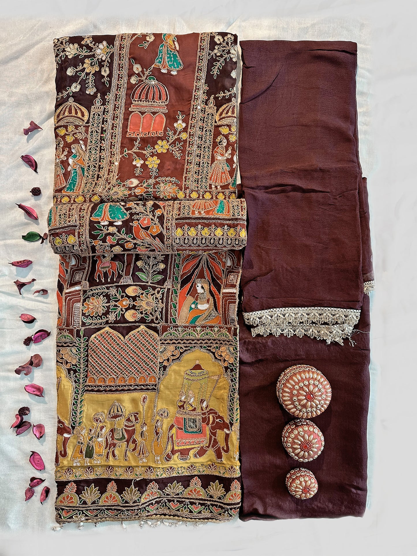 Crepe Fabric Raja Rani Unstitched Suit Set Brown & Green