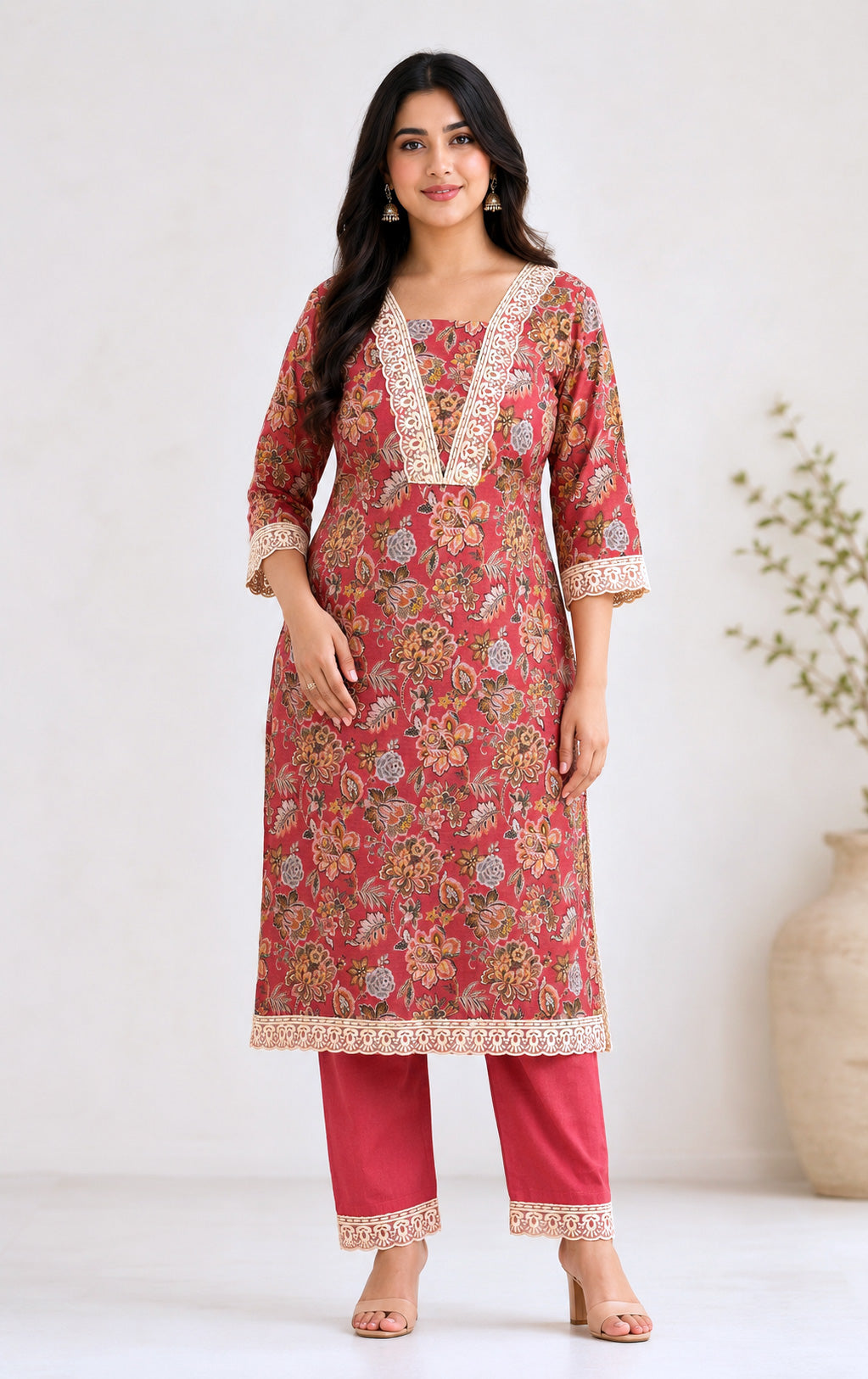 Pure Cotton Floral Block Print Suit Set with Lace Work – Coral Pink