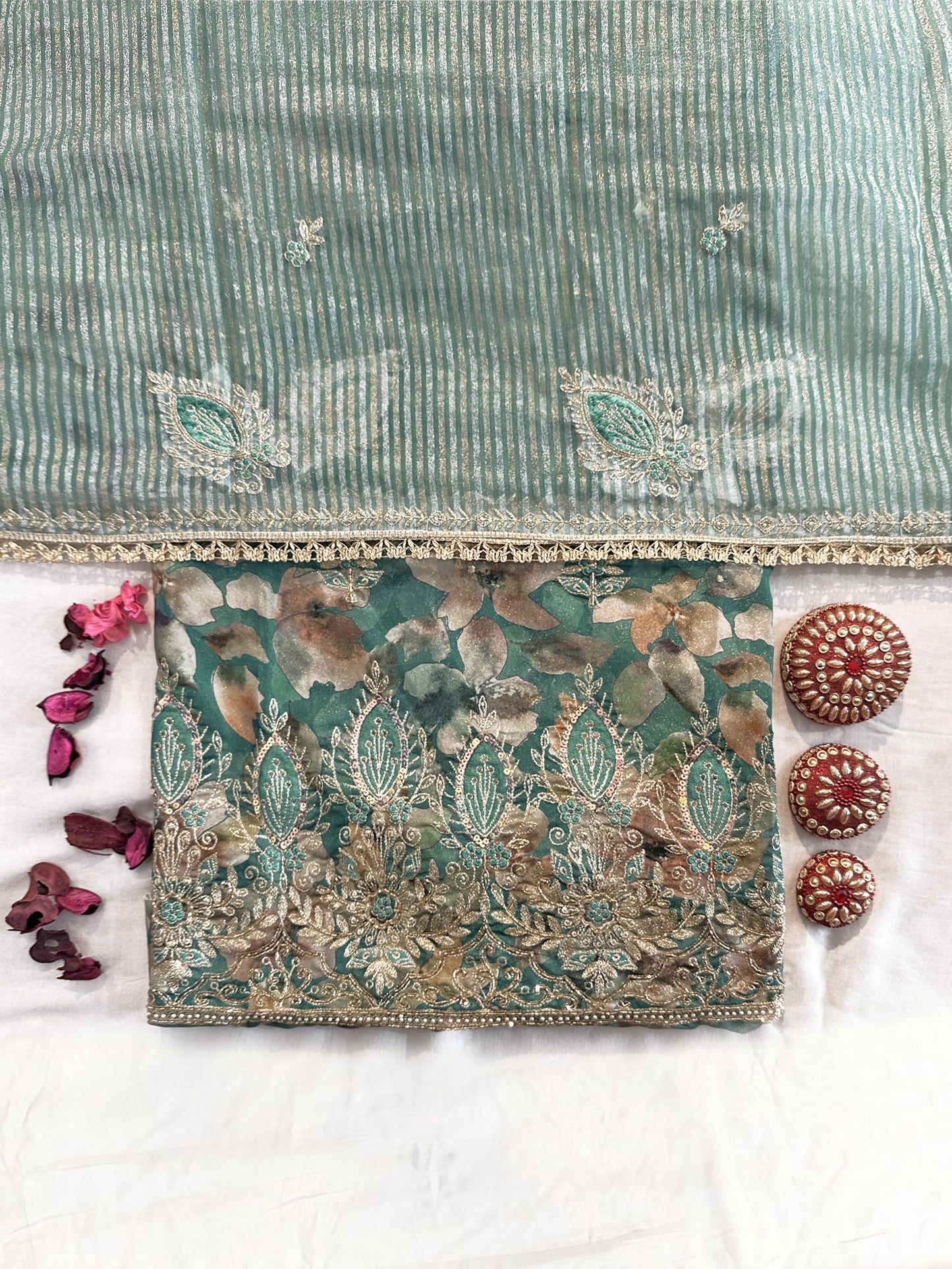 Shimmer Silk Unstitched Suit Set  Purple and Green Color