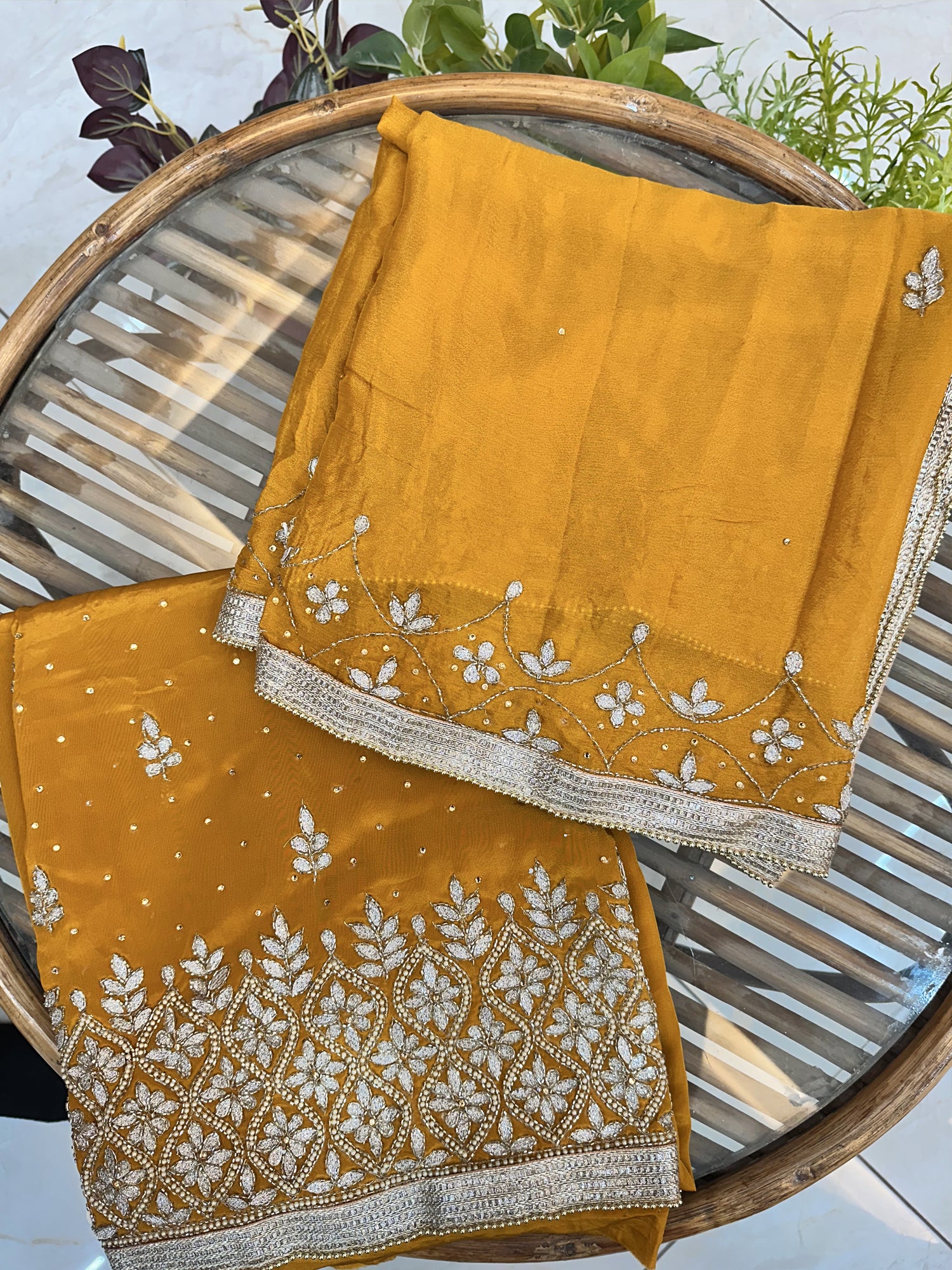 Crepe Fabric Mustard Color Unstitched Suit Set