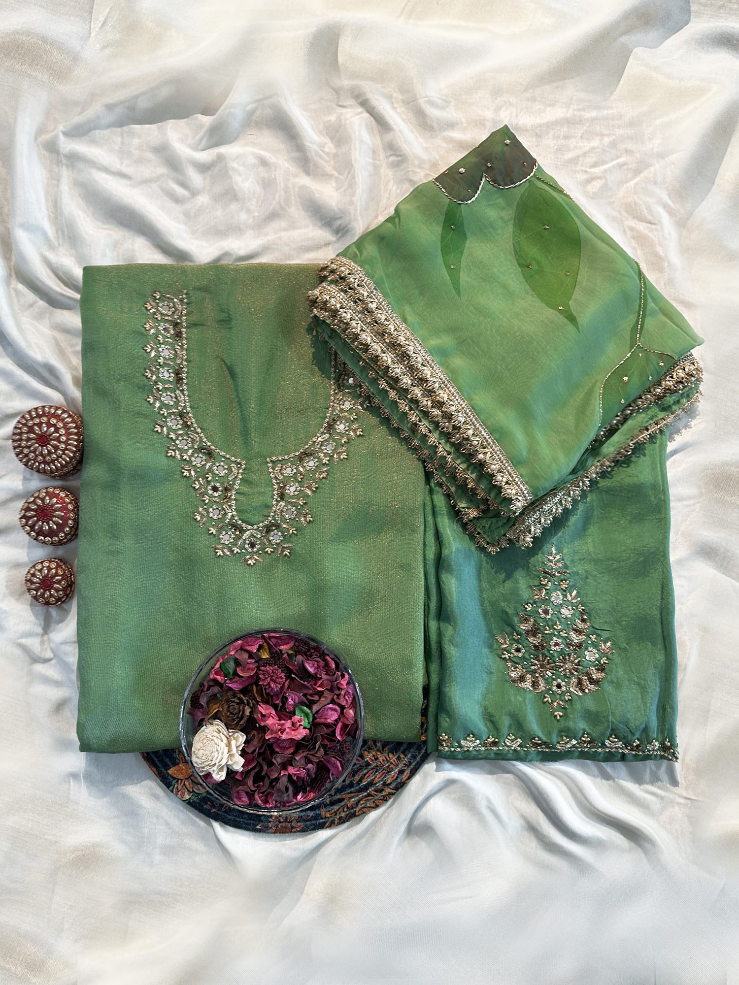Shimmer Silk Emerald Green Unstitched Suit Set