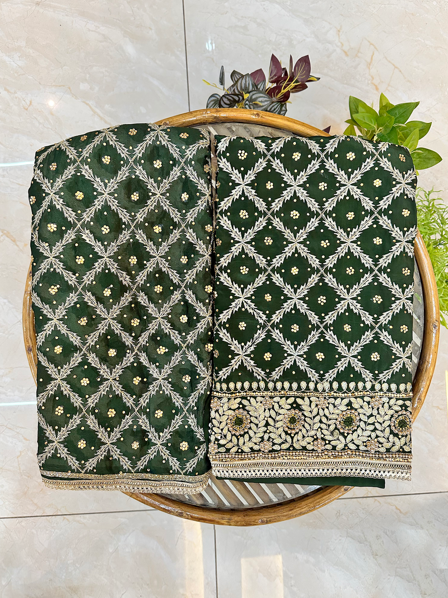 Bottle Green with Crepe Fabric Unstitched Suit Set
