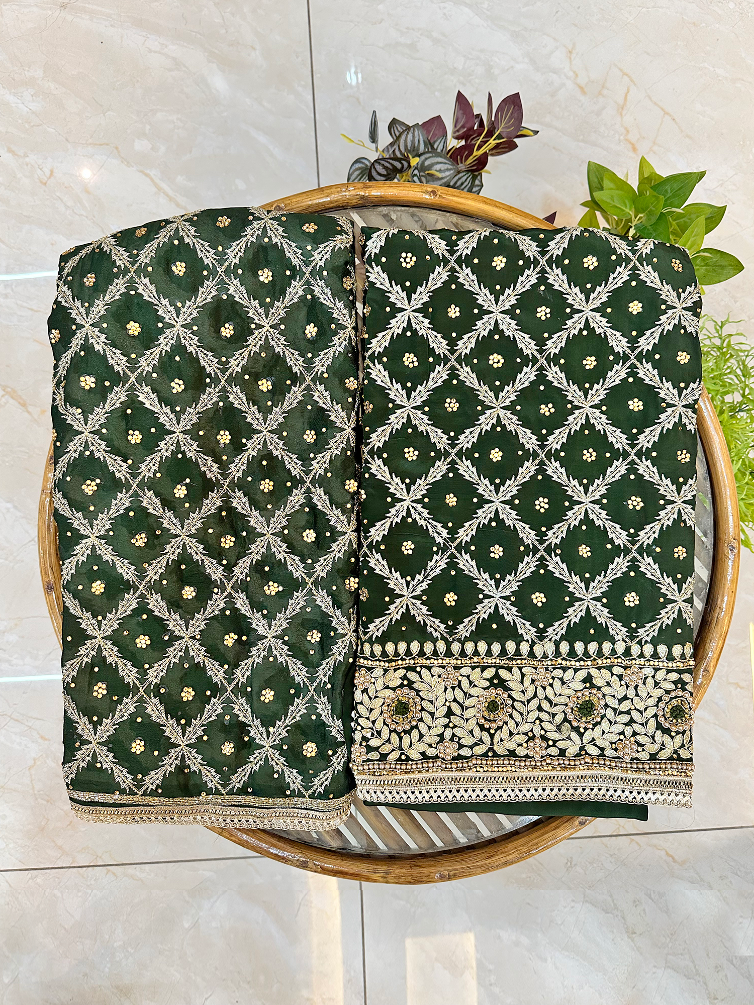 Bottle Green with Crepe Fabric Unstitched Suit Set