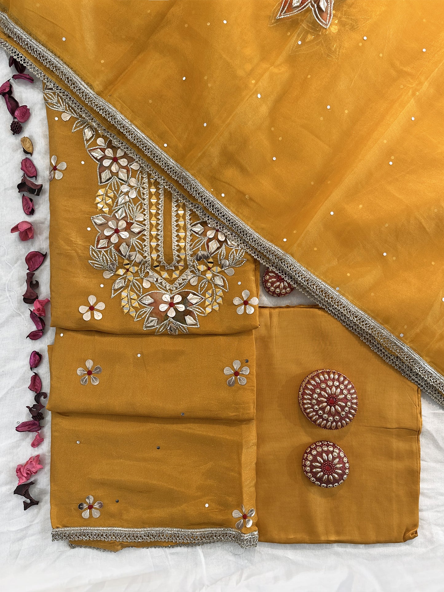 Shimmer Organza Fabric Unstitched Suit Set | Mustard Yellow, Onion