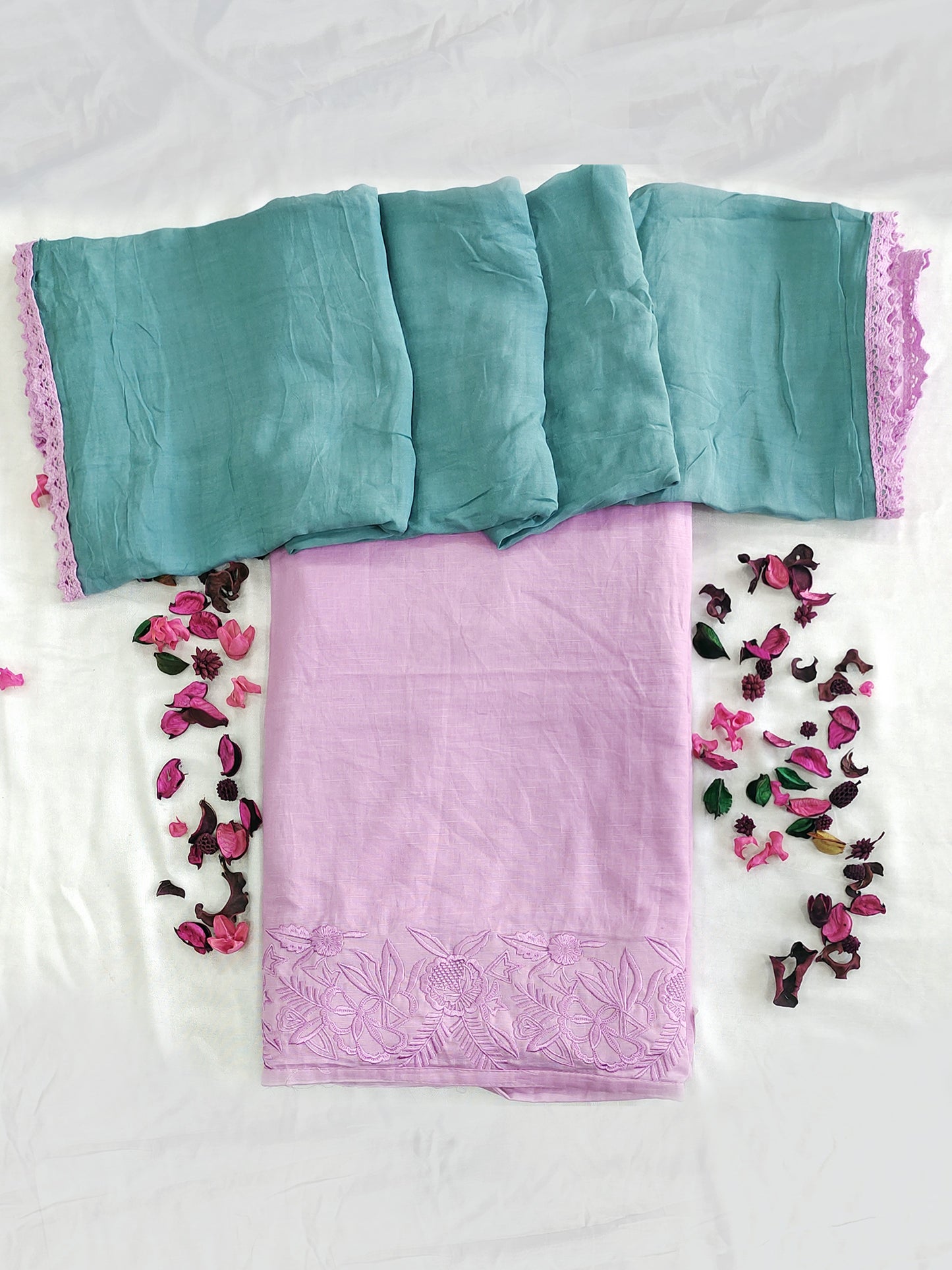 Unstitched Suit Material with Linen Cotton  | Turquoise-Pink
