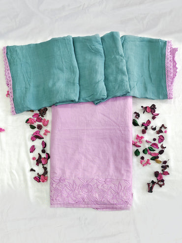 Unstitched Suit Material with Linen Cotton  | Turquoise-Pink