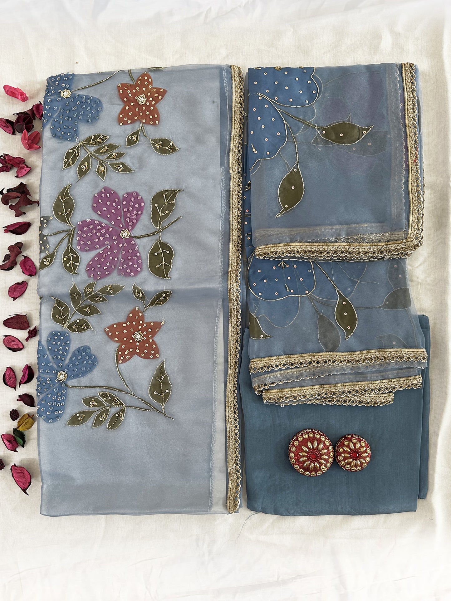 Sasha Fabric Unstitched Suit Set Peach and Sky Blue Color
