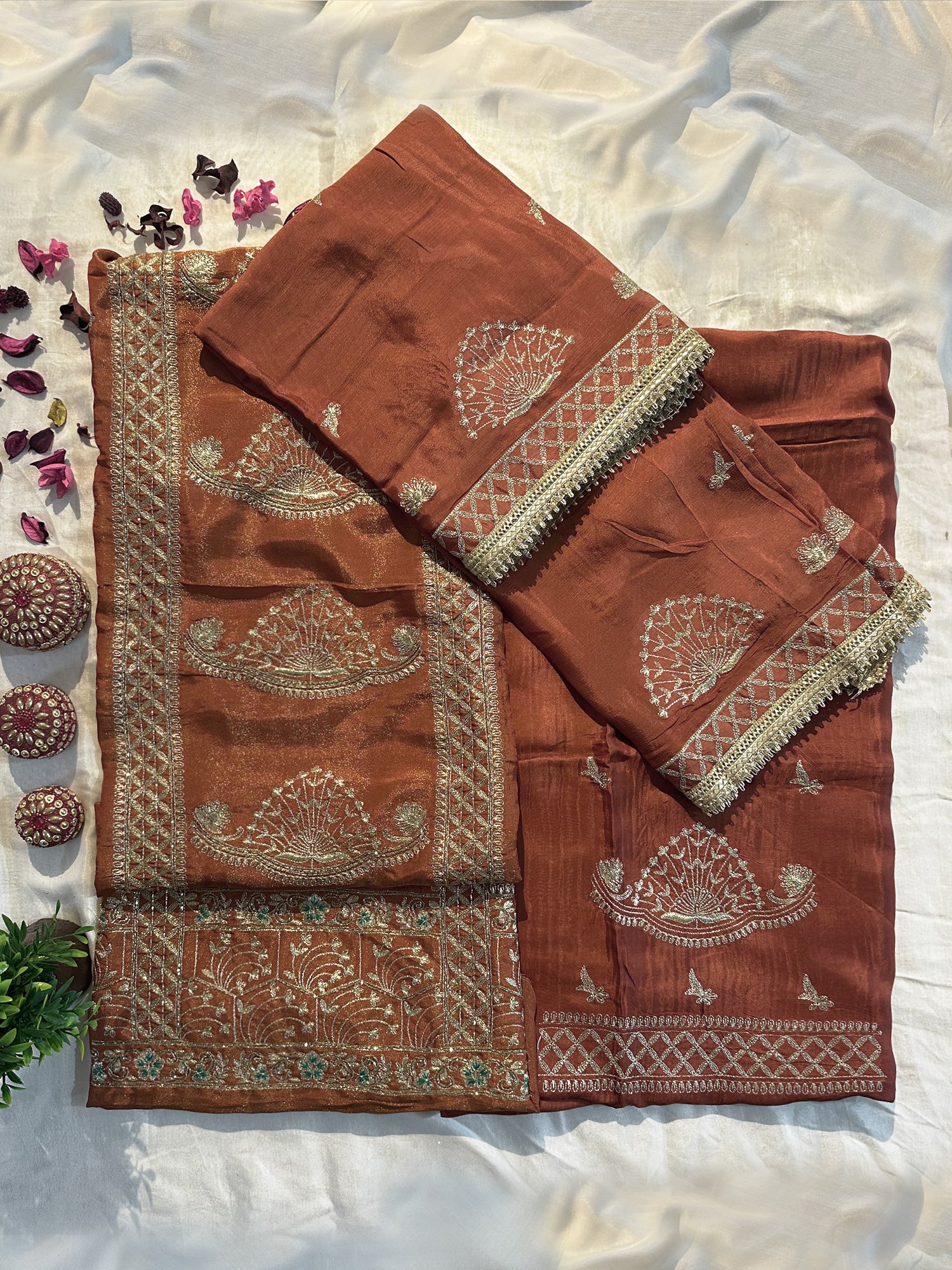 Magenta Shimmer Unstitched Suit Set (Magenta and Rust Colors)