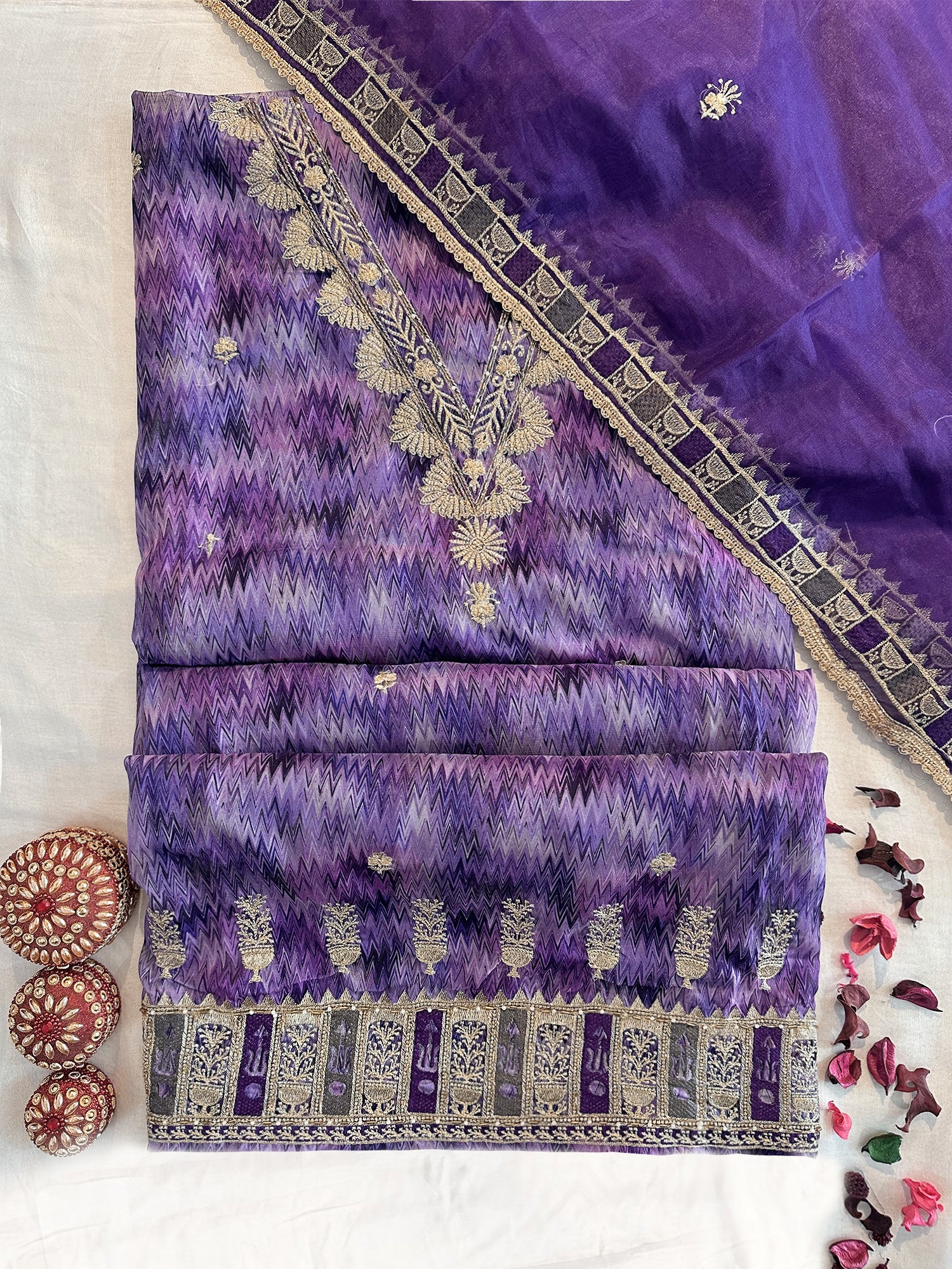 Crepe Fabric Unstitched Suit Set Purple and Green