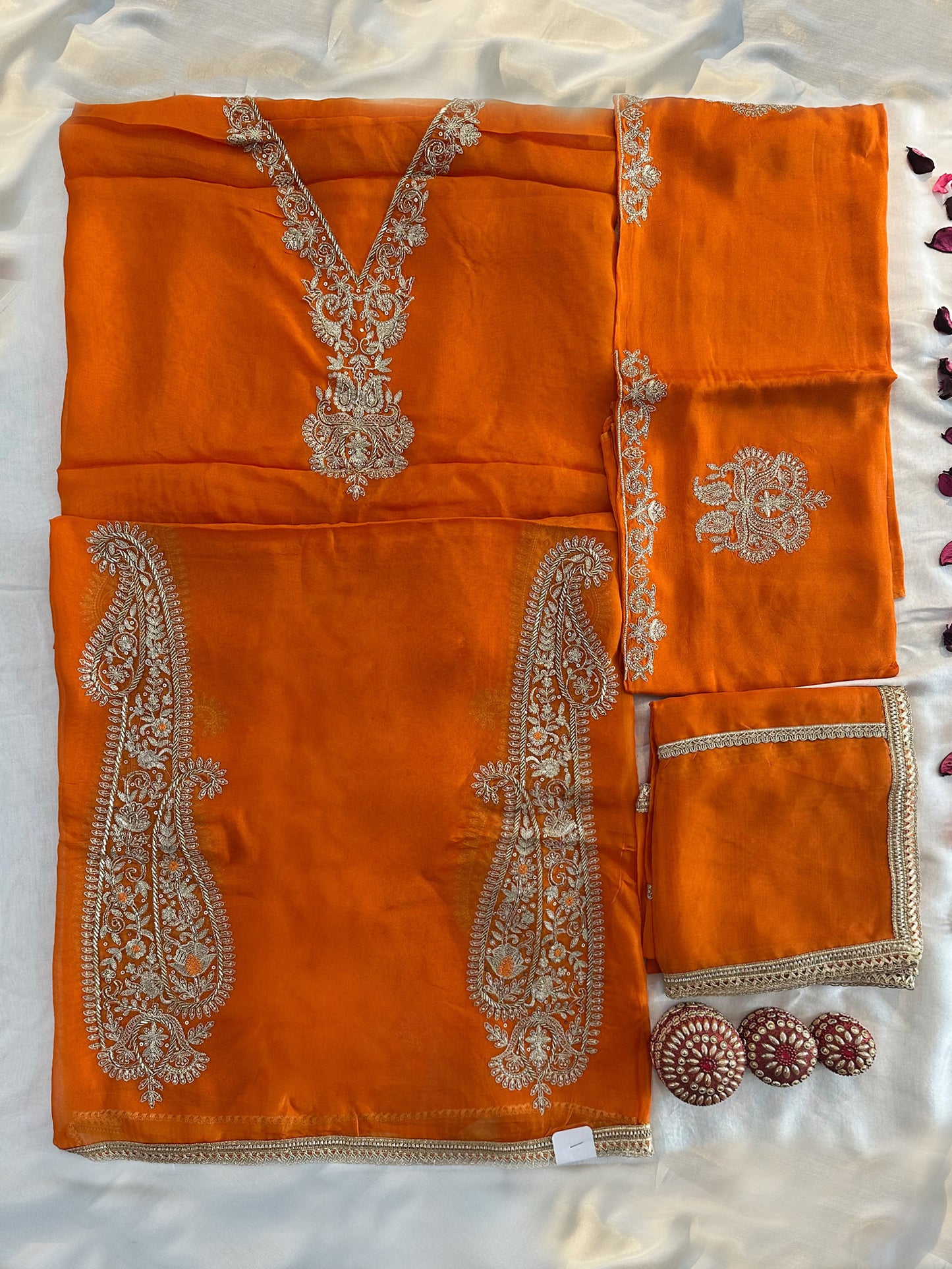 Viscose Organza Unstitched Suit Set Orange and Turquoise Colors