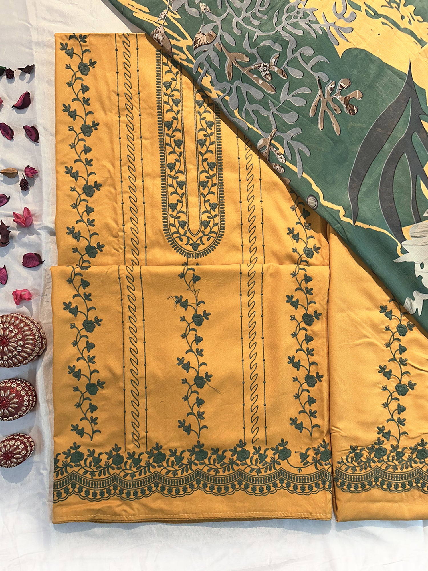 Cotton Fabric Unstitched Suit Set Peach and Mustard