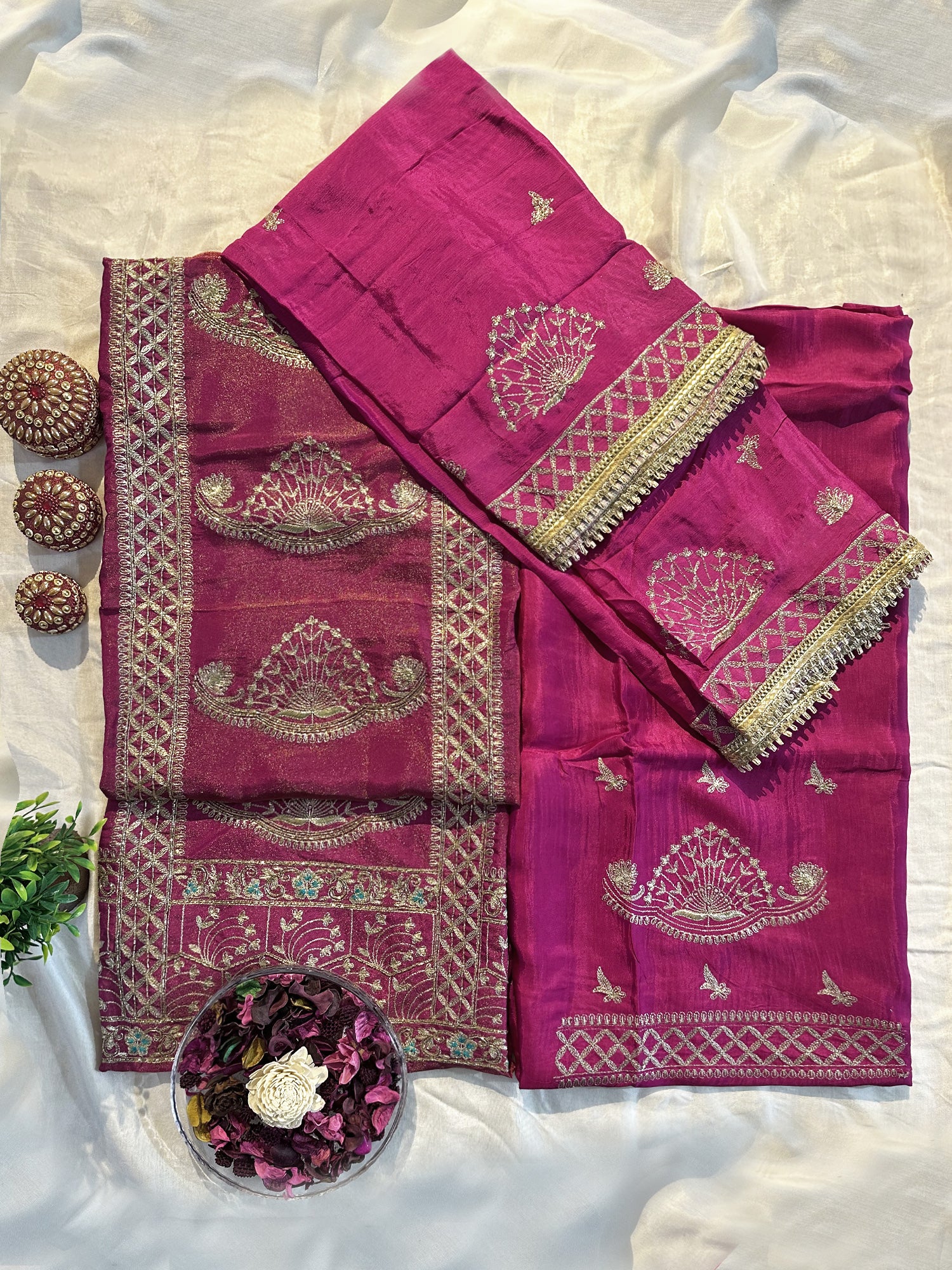 Magenta Shimmer Unstitched Suit Set (Magenta and Rust Colors)