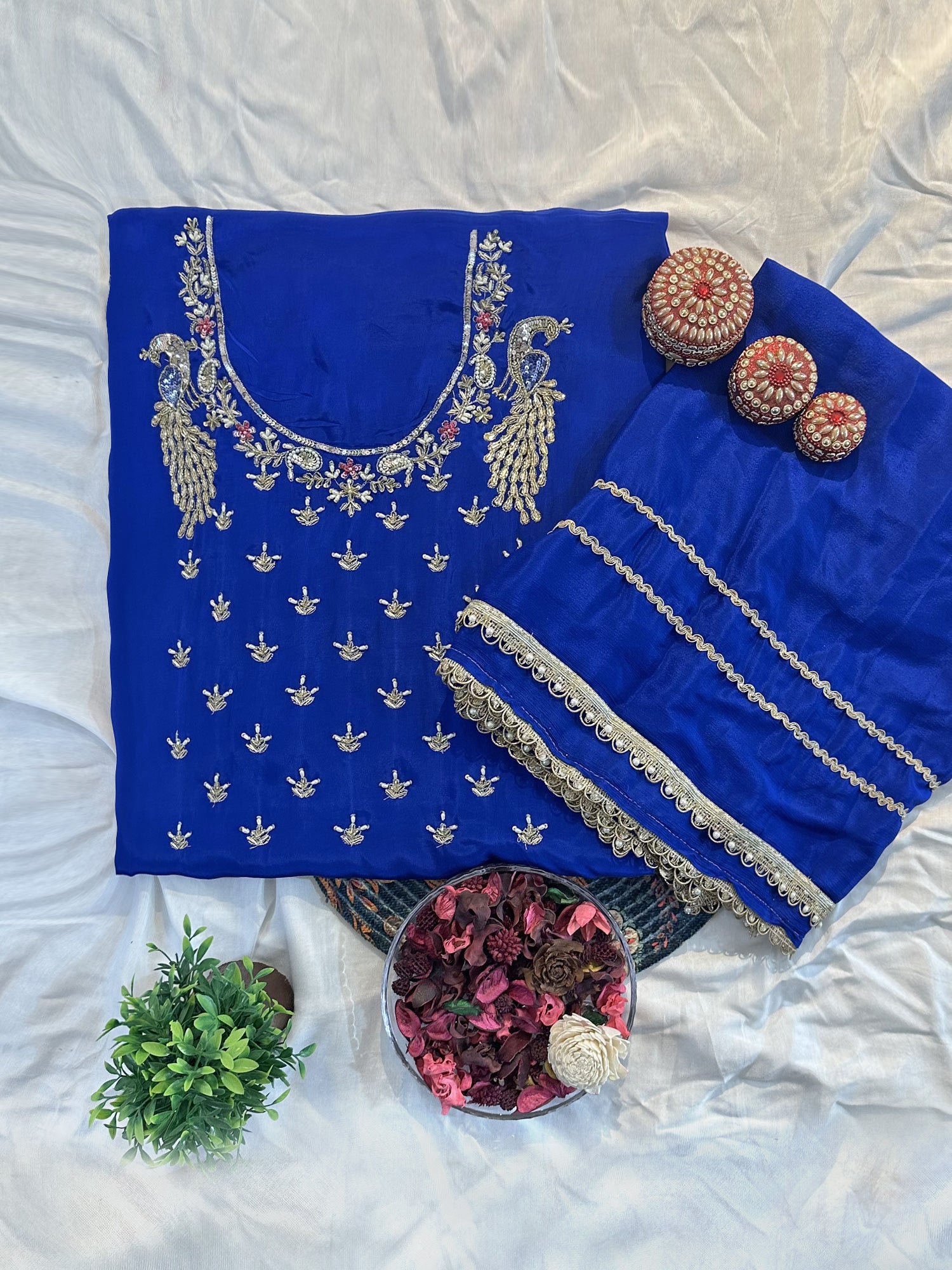 Pure Crepe Fabric Royal Blue Unstitched Suit Set