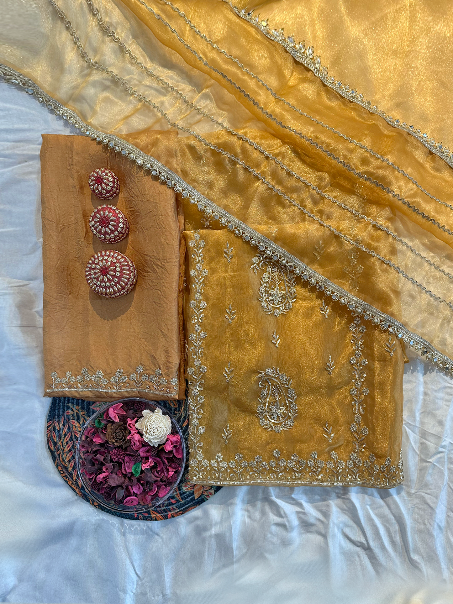 Glass Tissue Fabric Gold Color Unstitched Suit Set