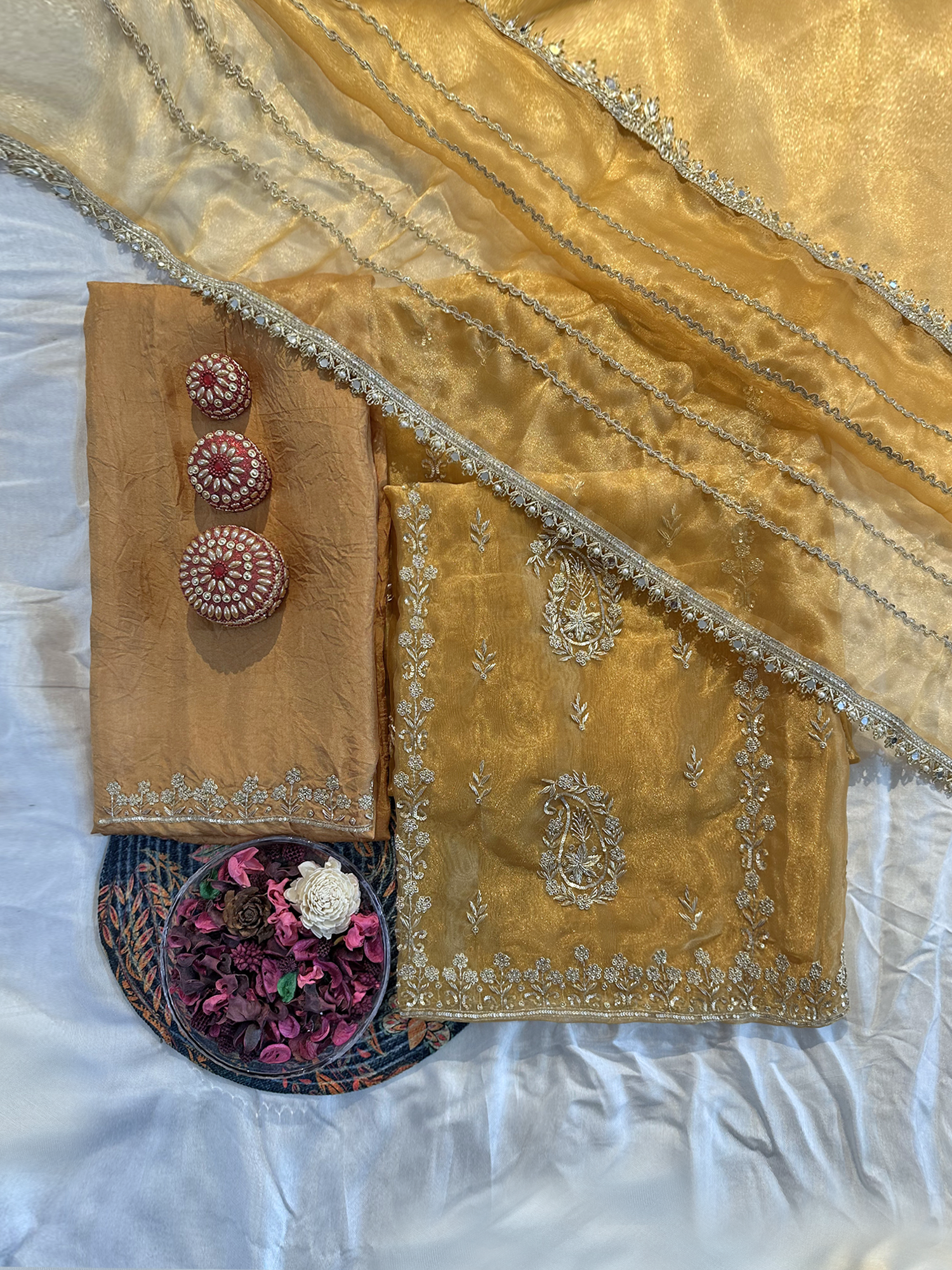 Glass Tissue Fabric Gold Color Unstitched Suit Set