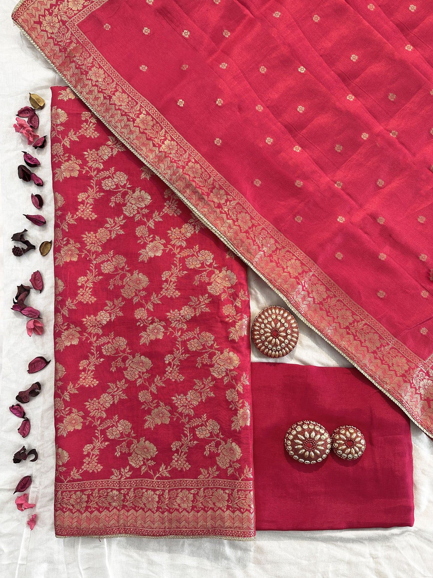 Ganga Silk Fabric Unstitched Suit Set | Red and orange