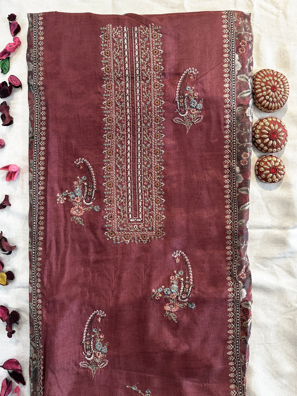 Muslin Fabric Unstitched Suit Set Onion Color