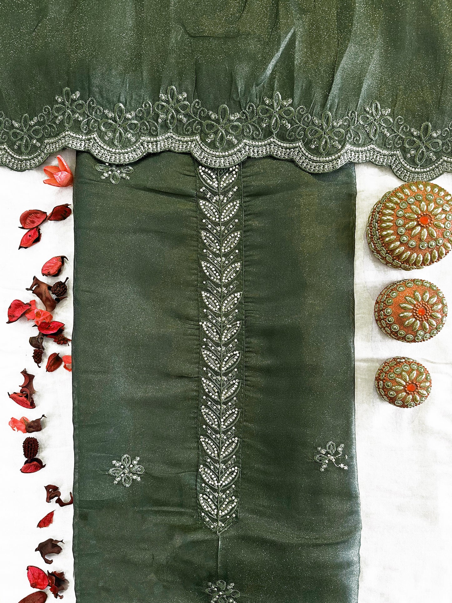 Canadian Silk Fabric Unstitched Suit Set Green and Grey Color