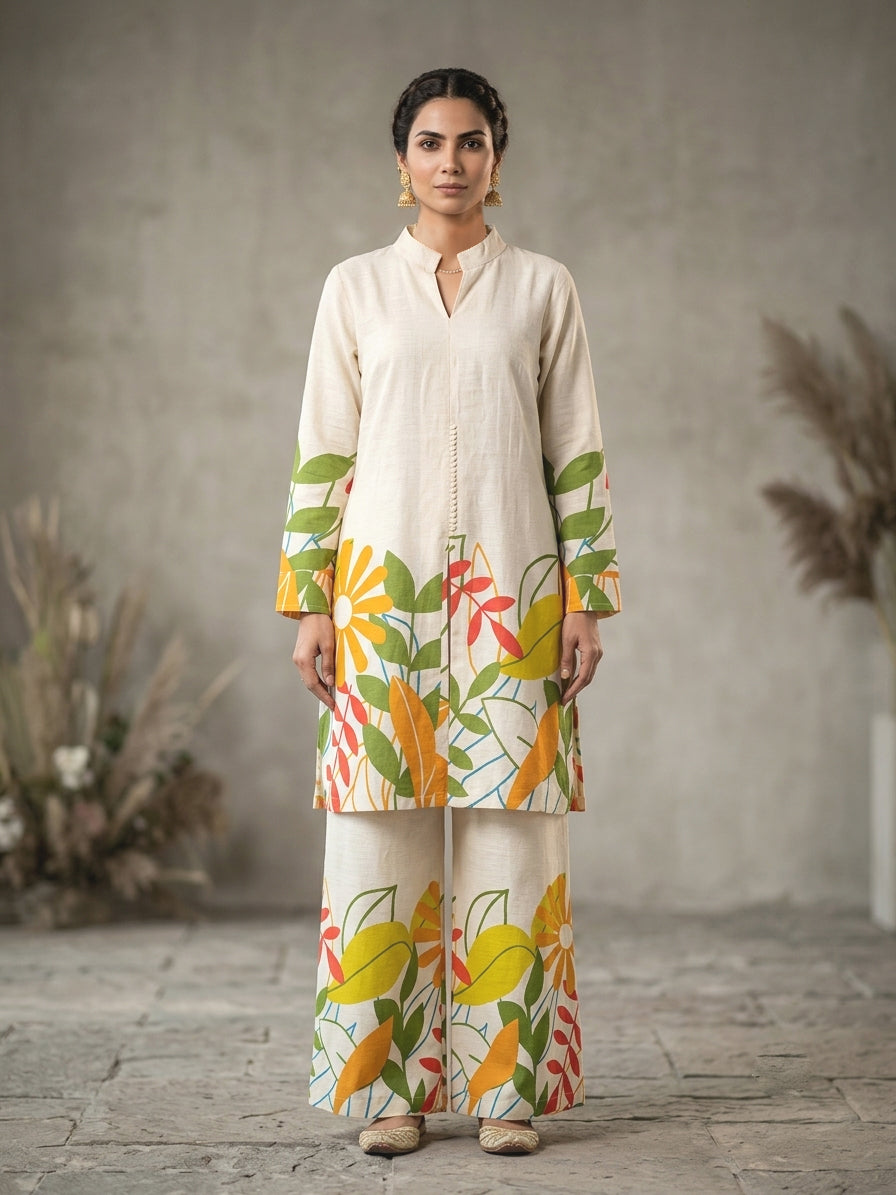 Botanical Printed Cotton Tunic & Palazzo Set – Cream & Yellow