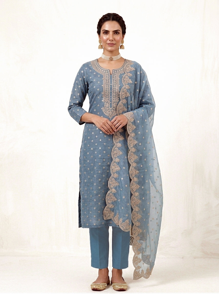 Embroidered Shimmer Straight Suit Set – Dusty Blue