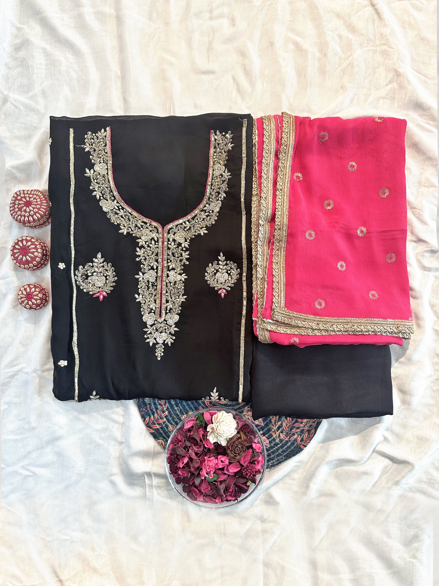 Viscose Organza Black with Magenta Dupatta Unstitched Suit Set