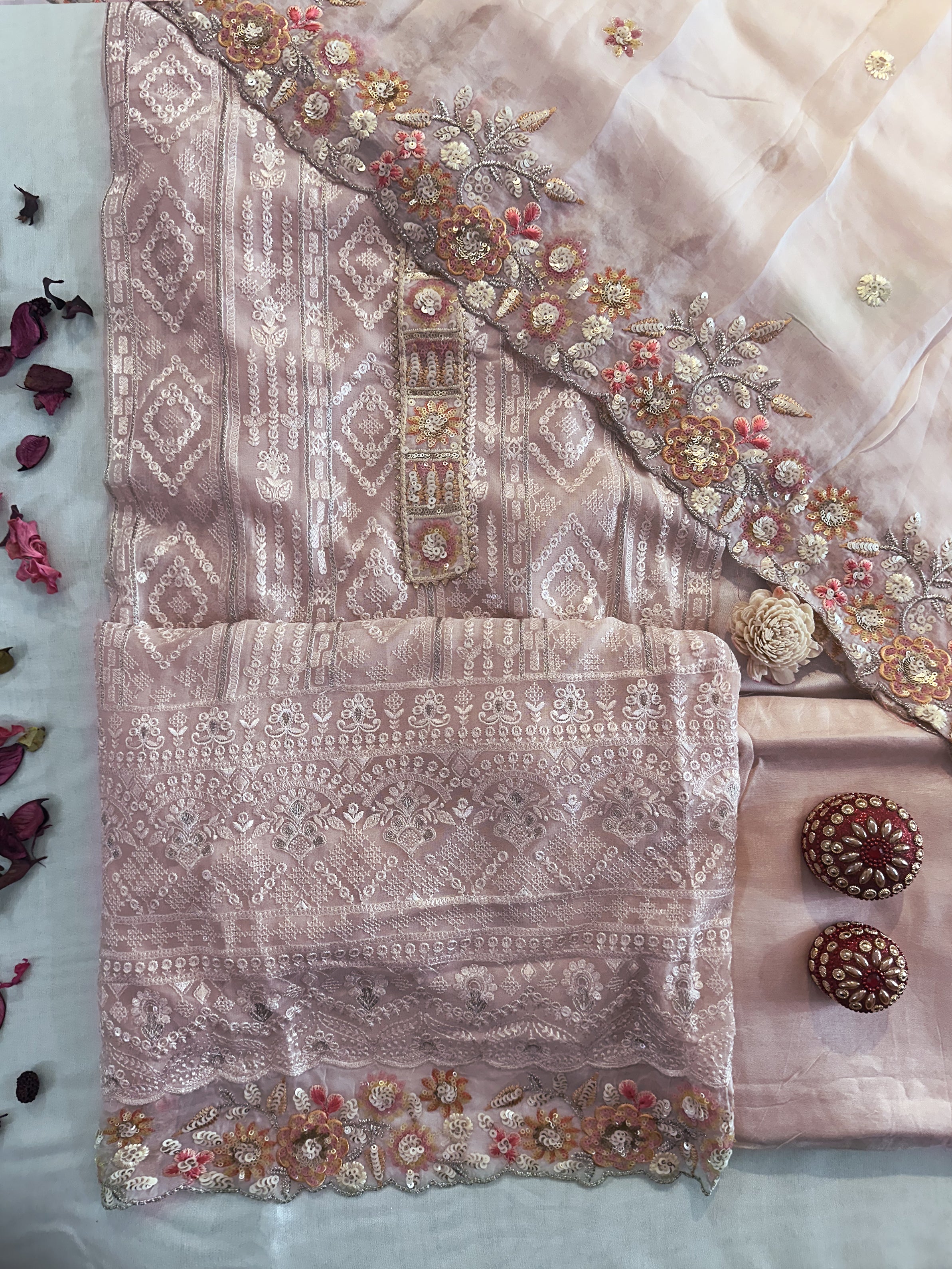 Georgette Fabric Unstitched Suit Set Peach and Lemon Colors