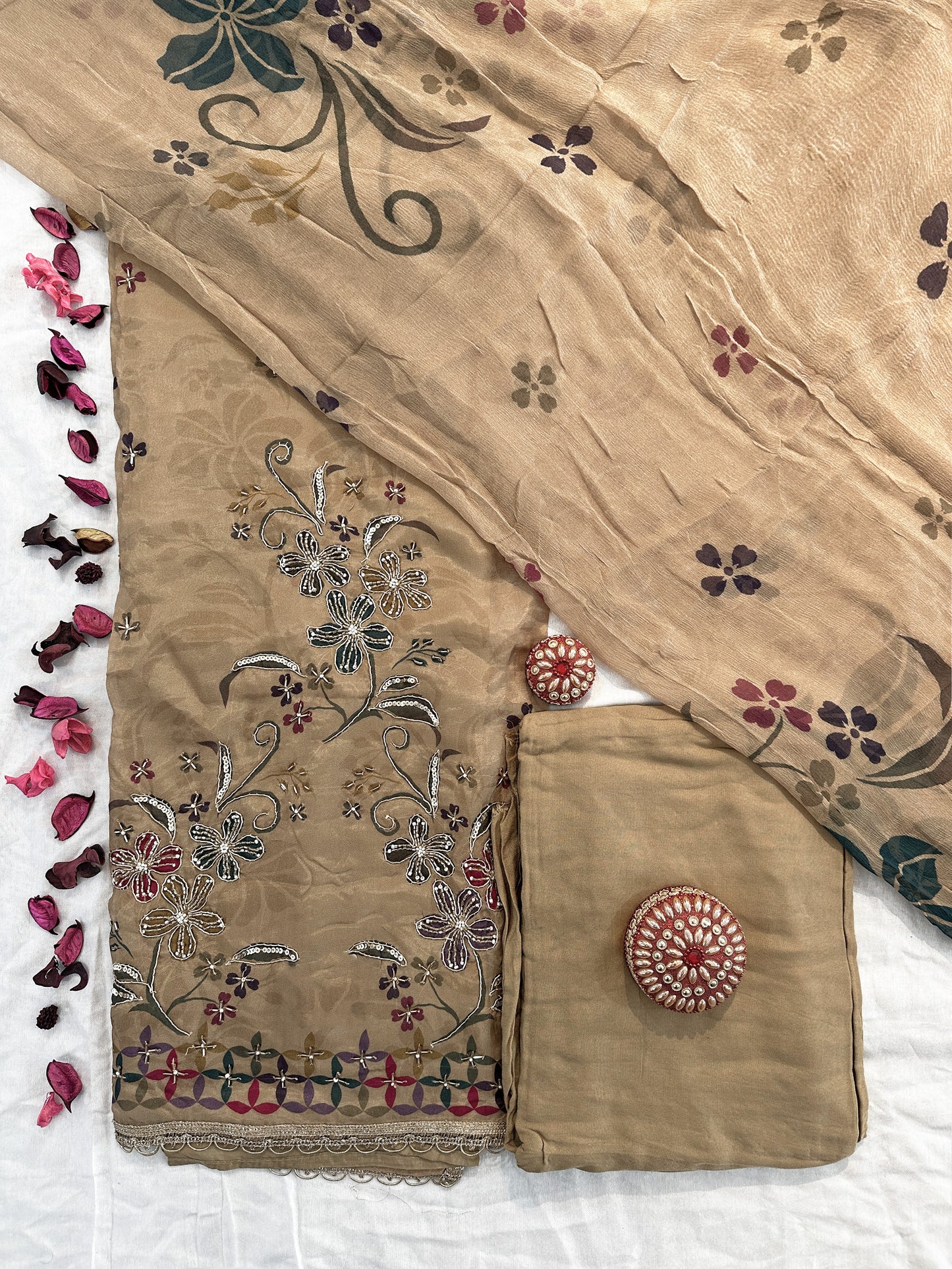 Organza Fabric Unstitched Suit Set | Beige & Pink