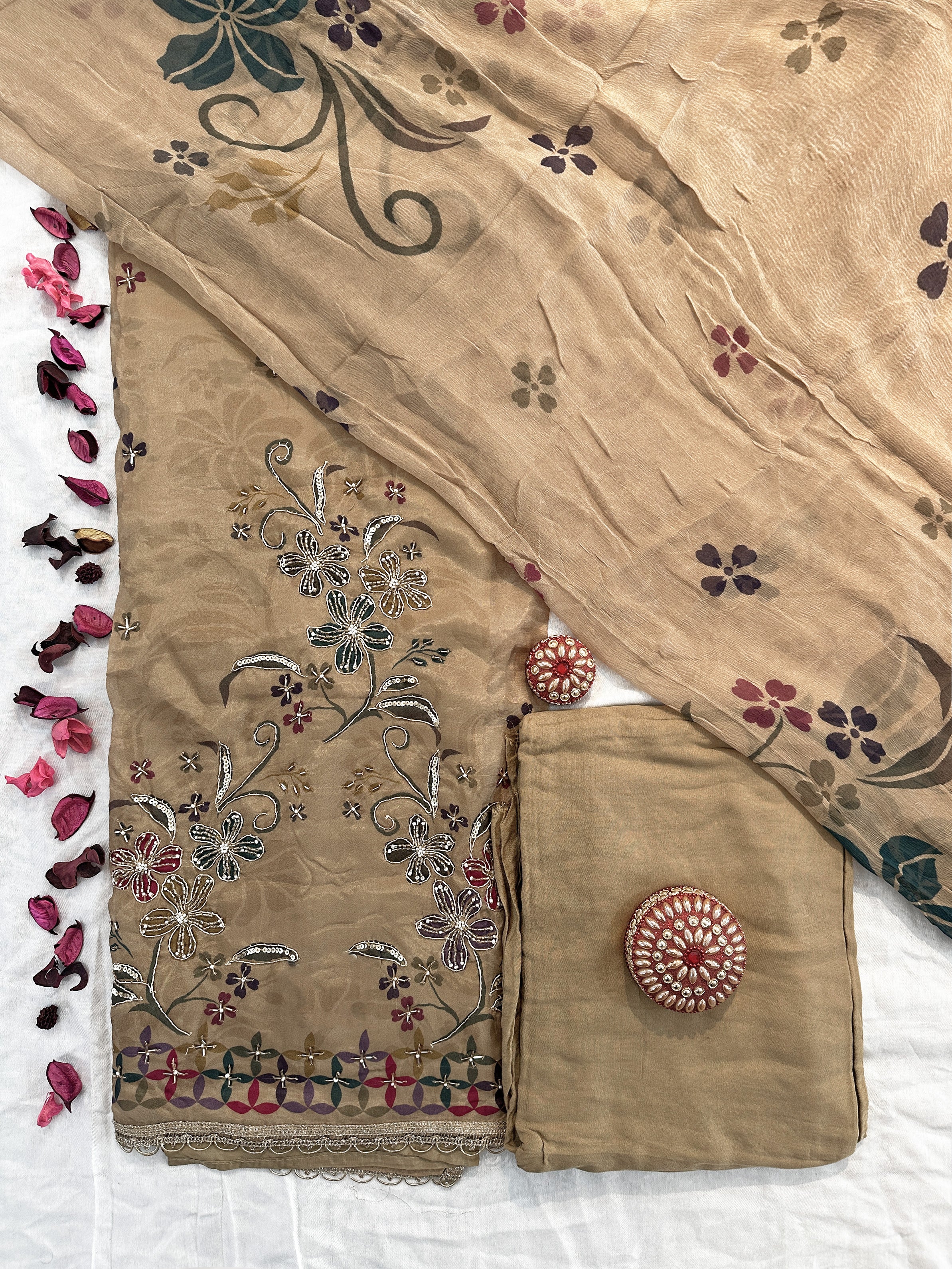 Organza Fabric Beige and Pink Colors Unstitched Suit Set