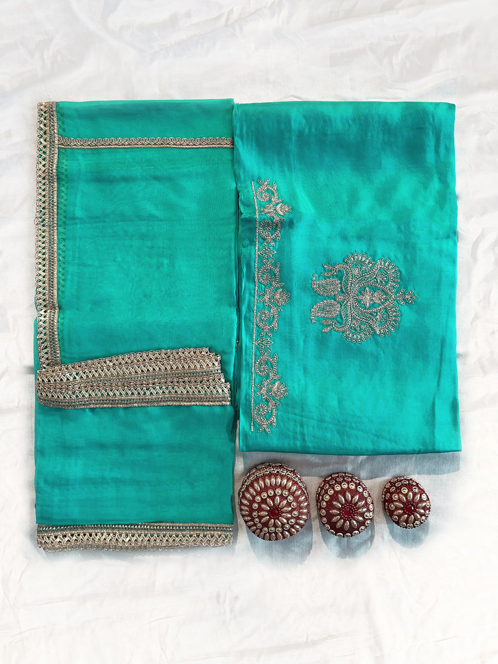 Viscose Organza Orange and Turquoise Colors Unstitched Suit Set
