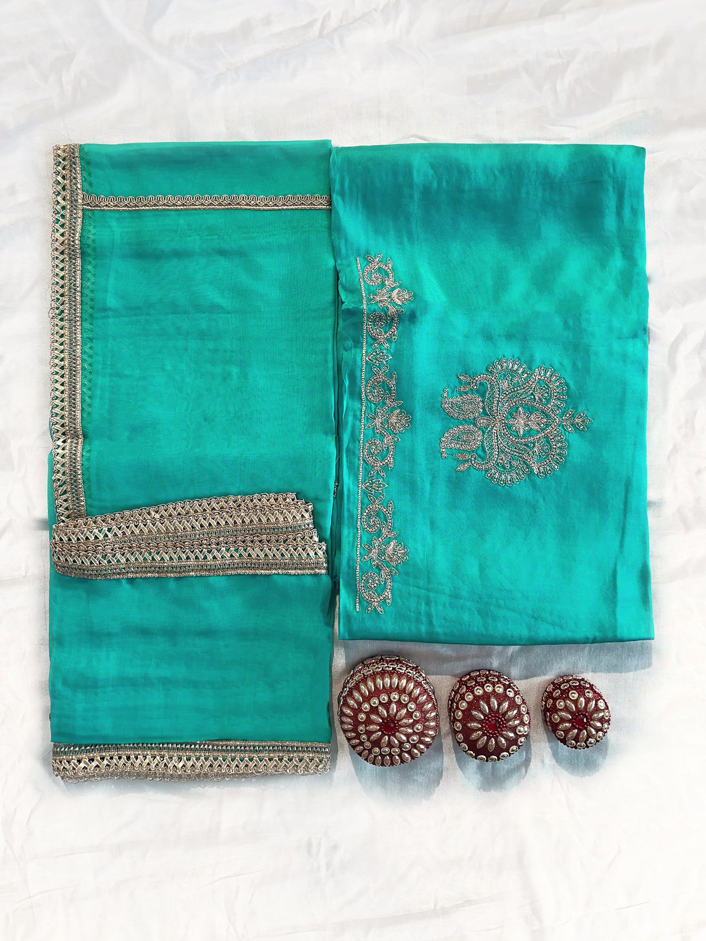 Viscose Organza Unstitched Suit Set Orange and Turquoise Colors