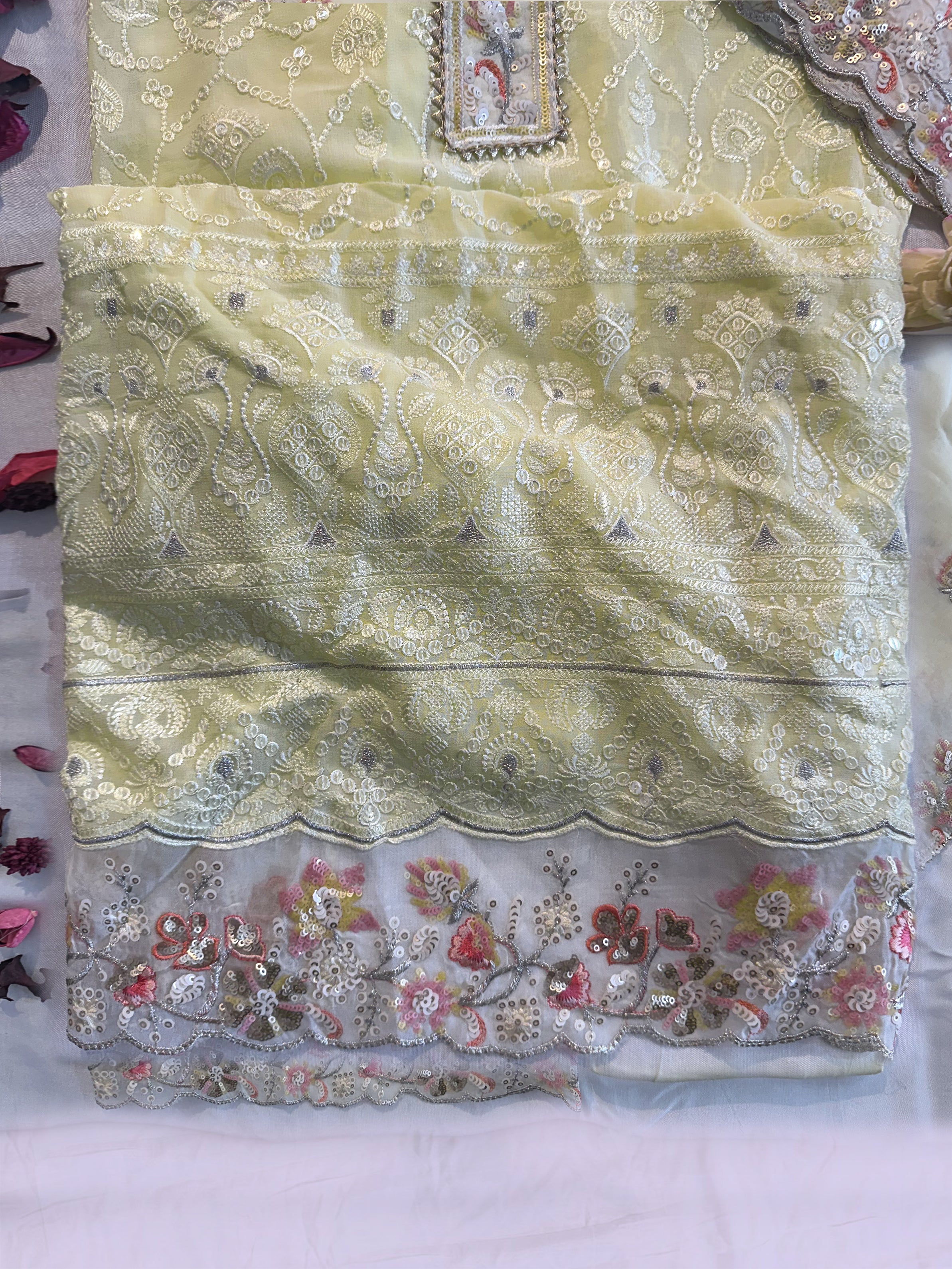 Georgette Fabric Unstitched Suit Set Peach and Lemon Colors