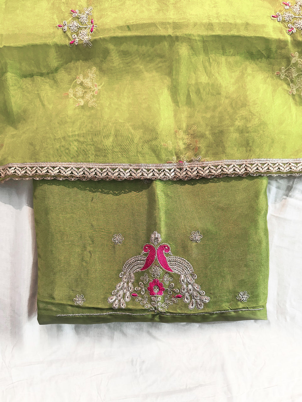 Viscose Organza 2 Green Colors Unstitched Suit Set