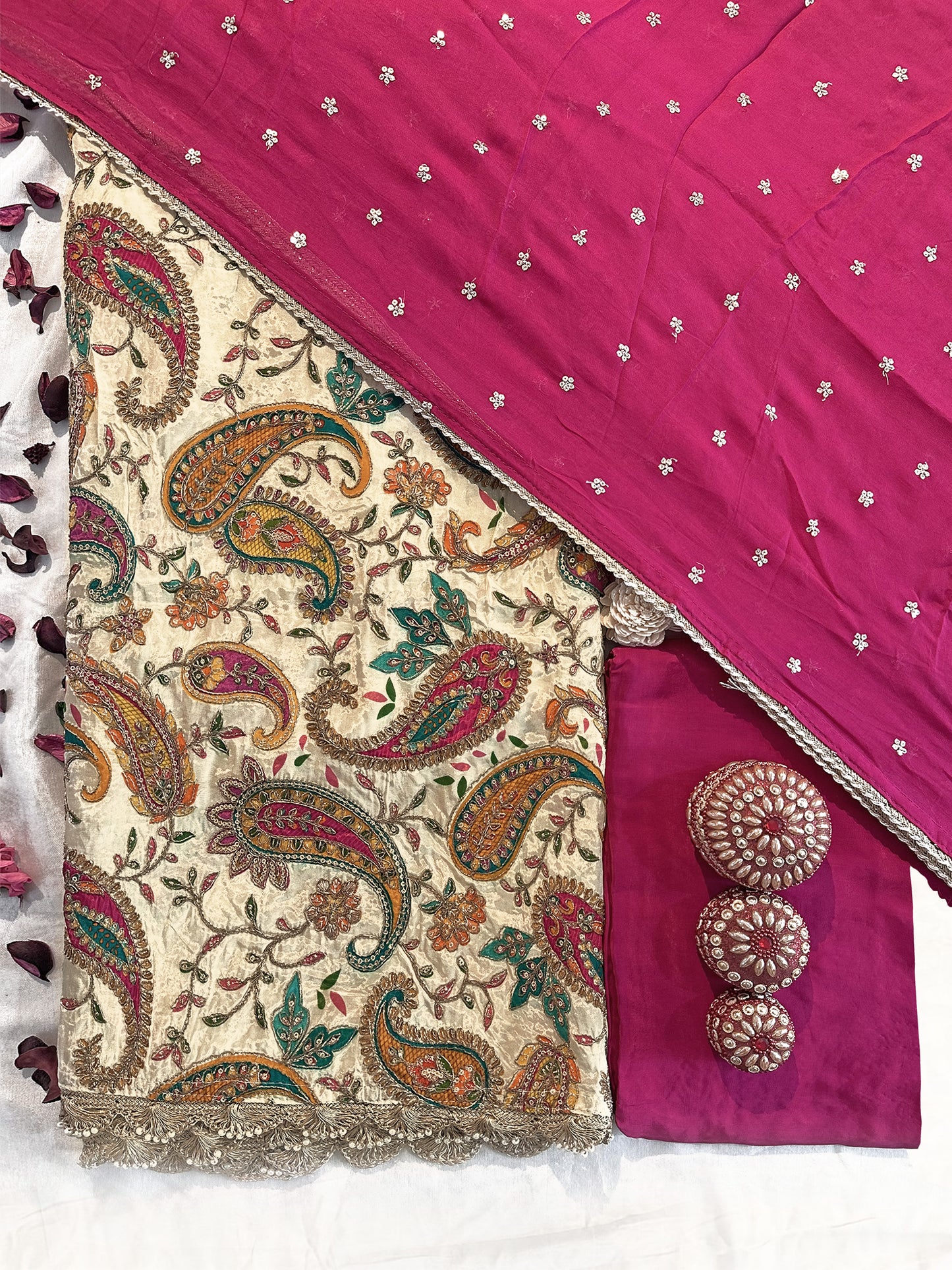 Crepe Fabric Contrast Unstitched Suit Set Cream and pink